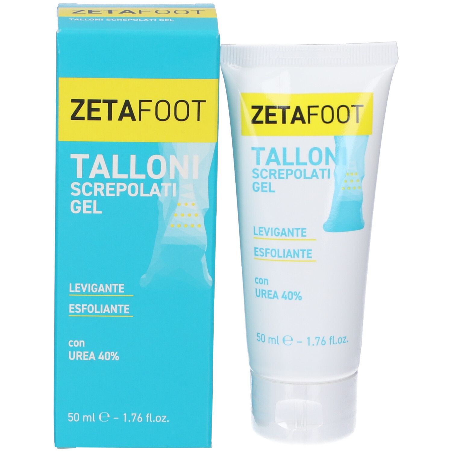 Prodotto e confezione. Tubo bianco e scatola turchese. Scritta ZETAFOOT. Nome prodotto: TALLONI SCREPOLATI GEL.