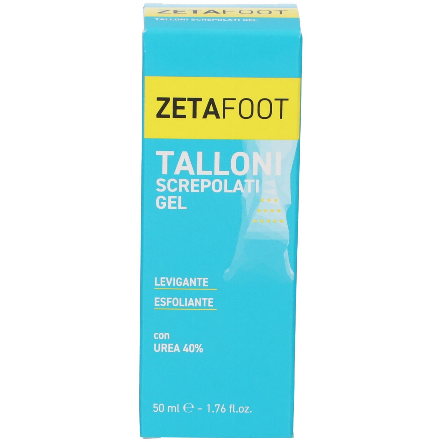 Scatola turchese con fascia gialla e scritta ZETAFOOT. Nome prodotto: TALLONI SCREPOLATI GEL. Contiene urea 40%.