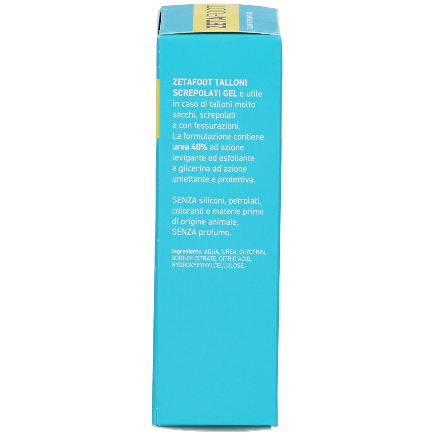 Scatola turchese. Testo: ZETAFOOT TALLONI SCREPOLATI GEL. Contiene urea 40%. Senza siliconi, petrolati, coloranti, profumo.