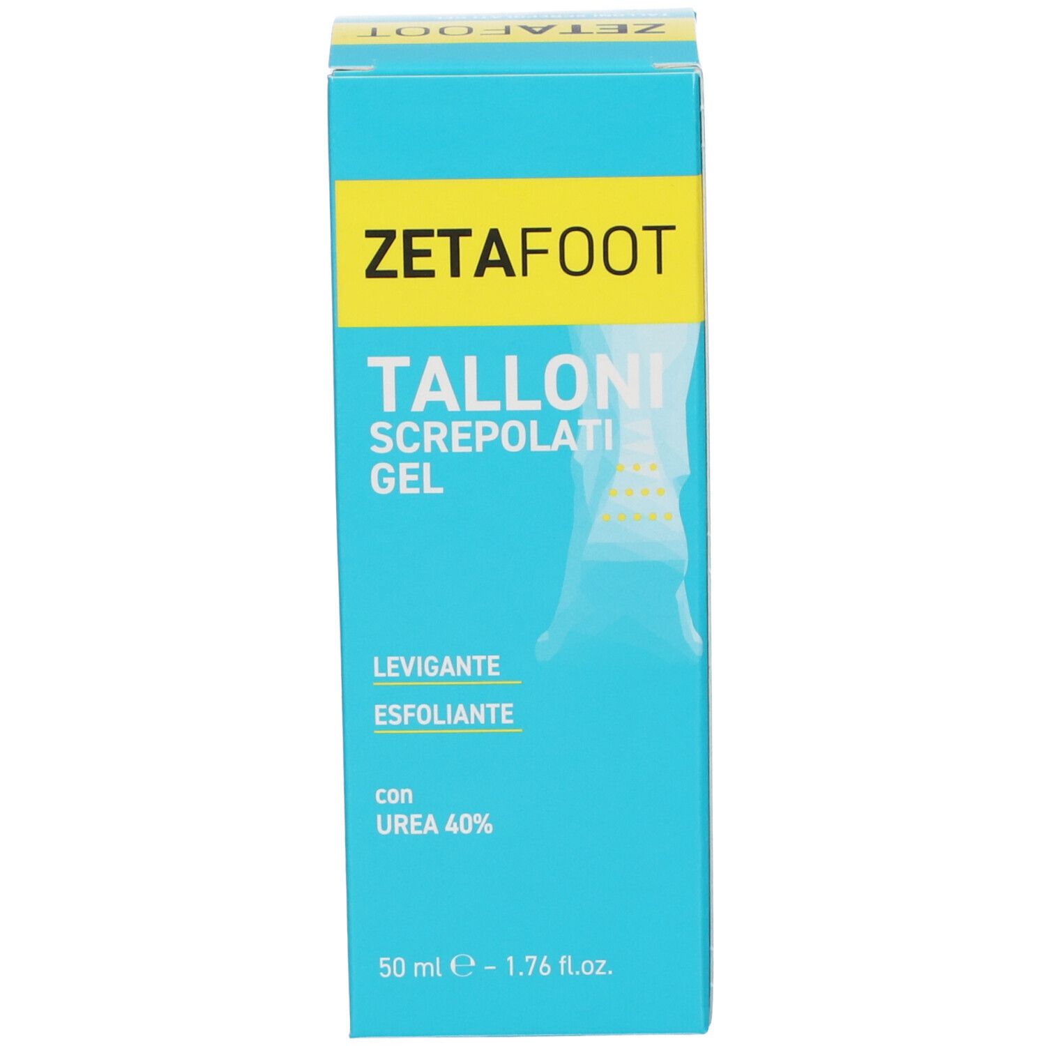 Scatola turchese con fascia gialla e scritta ZETAFOOT. Nome prodotto: TALLONI SCREPOLATI GEL. Contiene urea 40%.