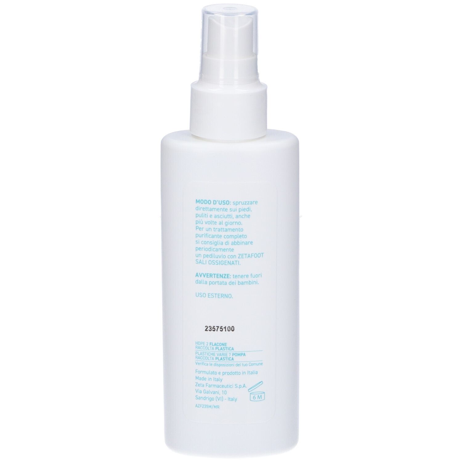 Retro del flacone spray bianco. Testo in italiano. Contiene informazioni sull'uso e sugli ingredienti.