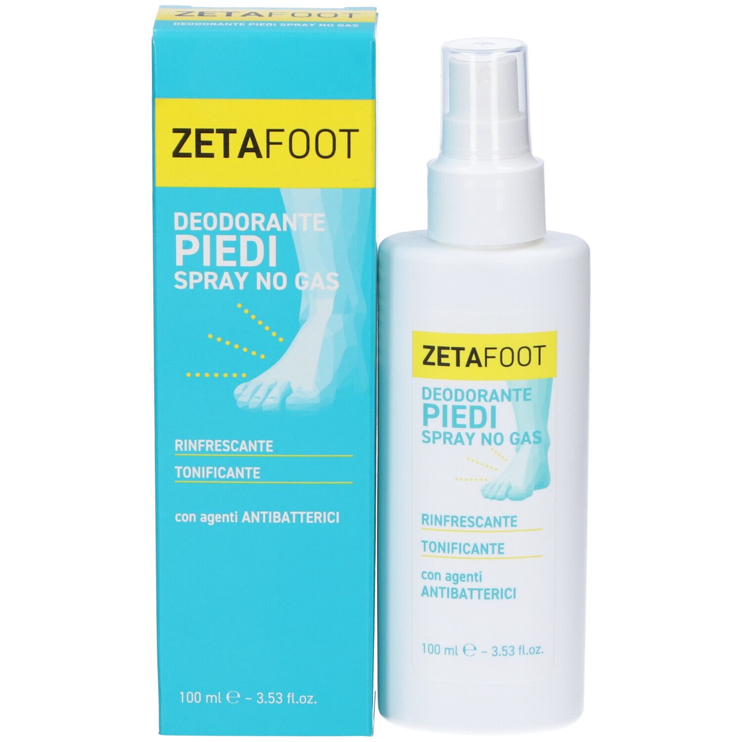 Confezione del prodotto e flacone spray. Confezione: blu con etichetta gialla. Scritta: ZETAFOOT, Deodorante Piedi Spray No Gas. Illustrazione piede.