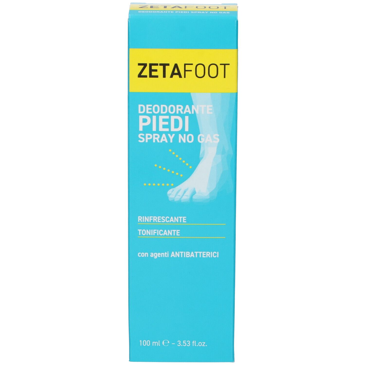 Confezione prodotto blu con etichetta gialla. Scritta: ZETAFOOT, Deodorante Piedi Spray No Gas. Illustrazione piede. 100 ml.