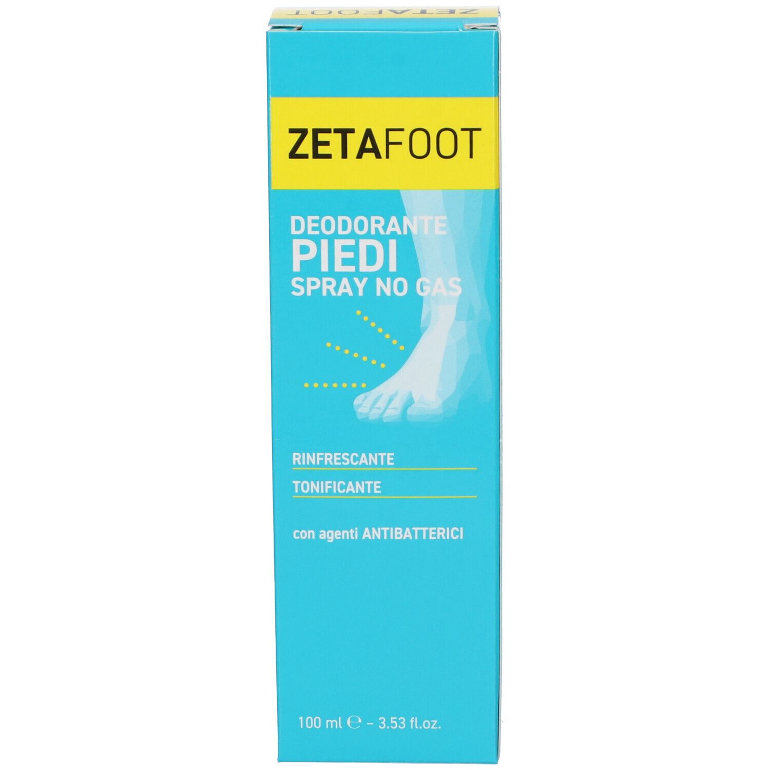Confezione prodotto blu con etichetta gialla. Scritta: ZETAFOOT, Deodorante Piedi Spray No Gas. Illustrazione piede. 100 ml.