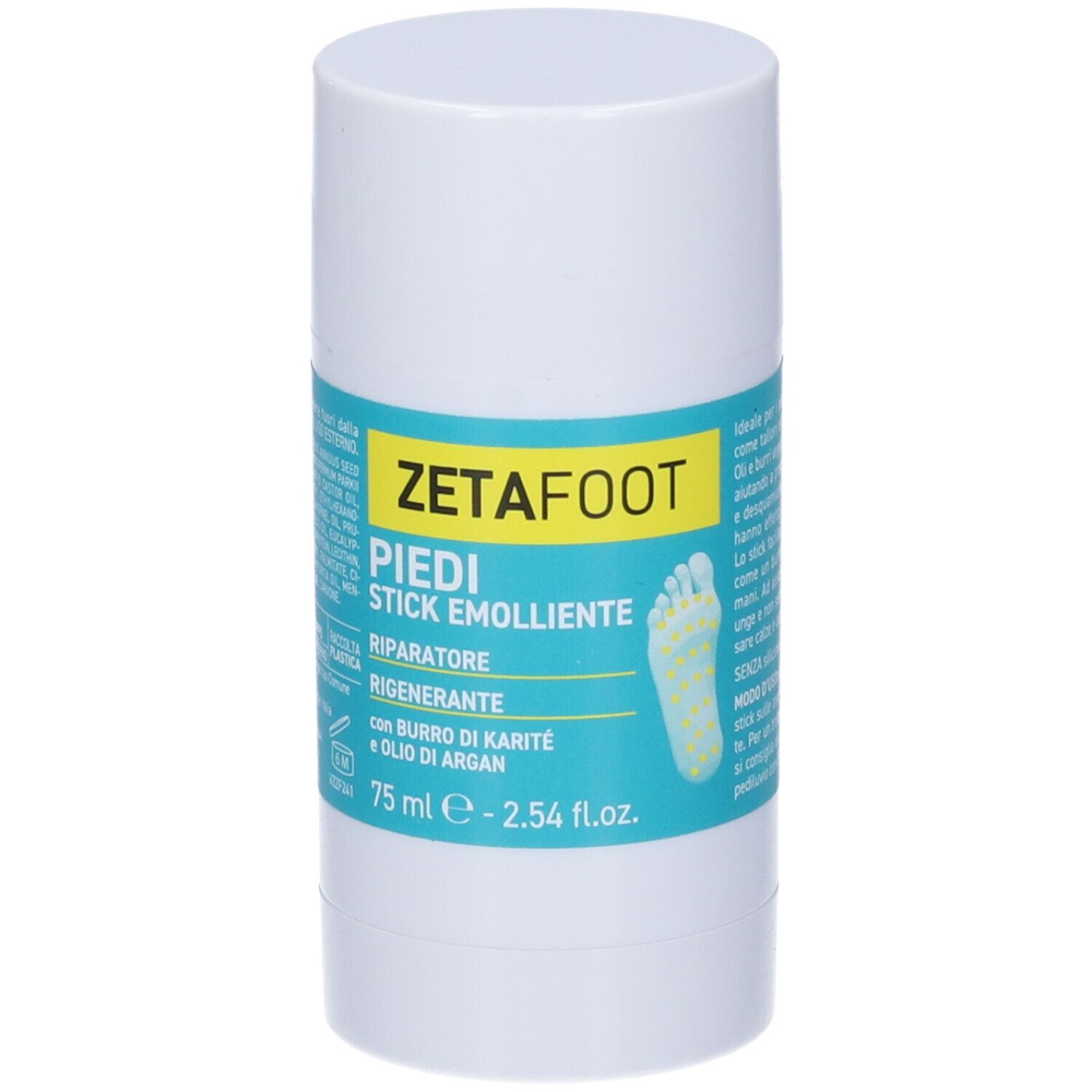 Zetafoot Stick Emolliente Piedi. Confezione cilindrica bianca con informazioni e illustrazione del piede.