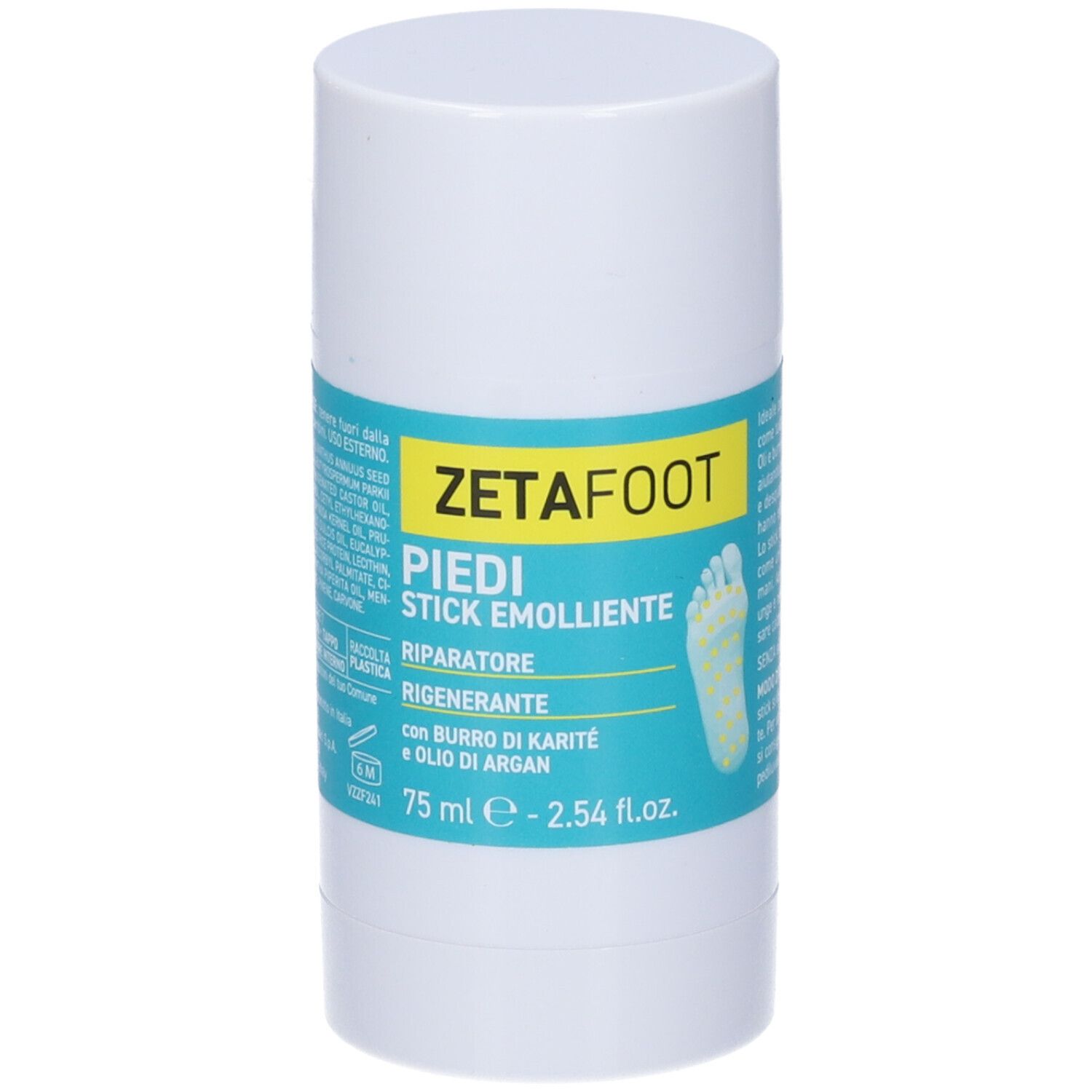Zetafoot Stick Emolliente Piedi. Confezione cilindrica bianca con informazioni e illustrazione del piede.
