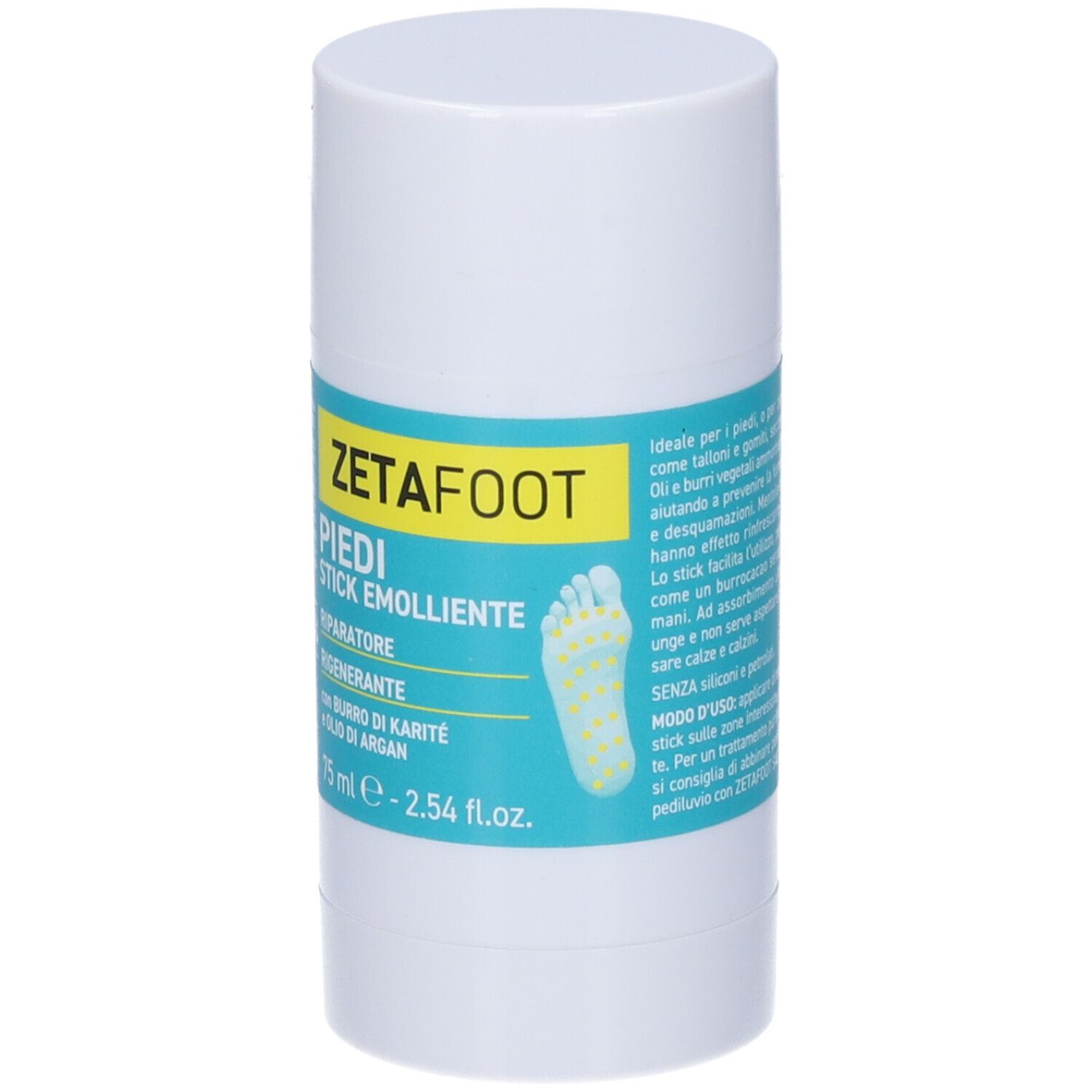 Zetafoot Stick Emolliente Piedi. Confezione cilindrica bianca con informazioni e illustrazione del piede.