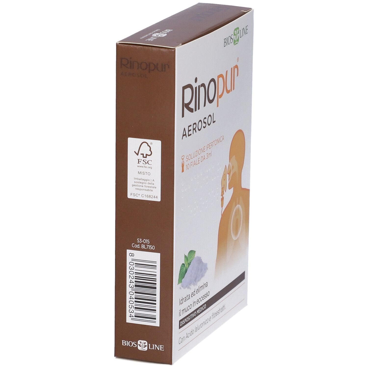 Scatola Rinopur Aerosol, lato marrone, logo FSC, testo e logo. Dispositivo medico.