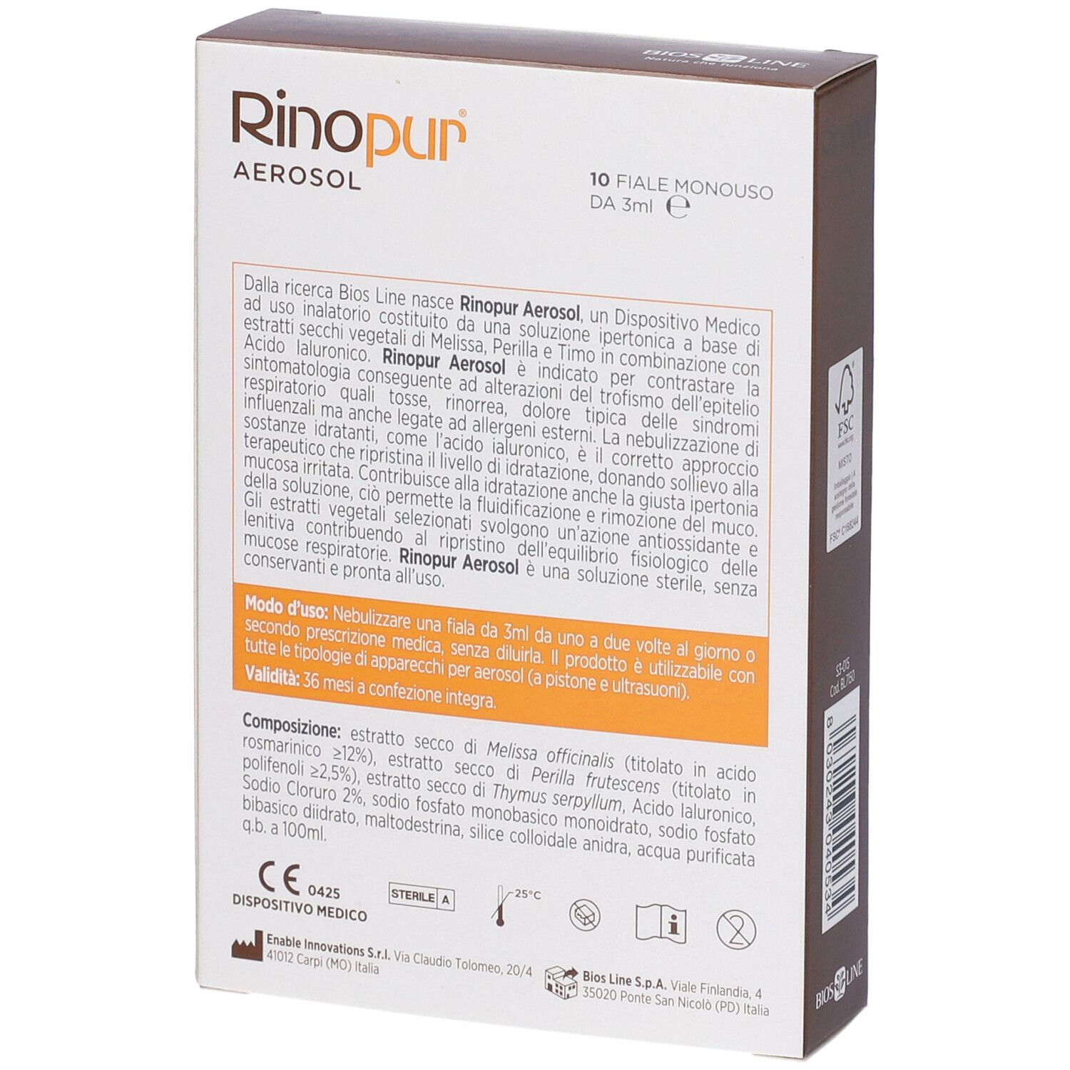 Scatola Rinopur Aerosol, retro con testo, ingredienti e istruzioni per l'uso. Dispositivo medico.