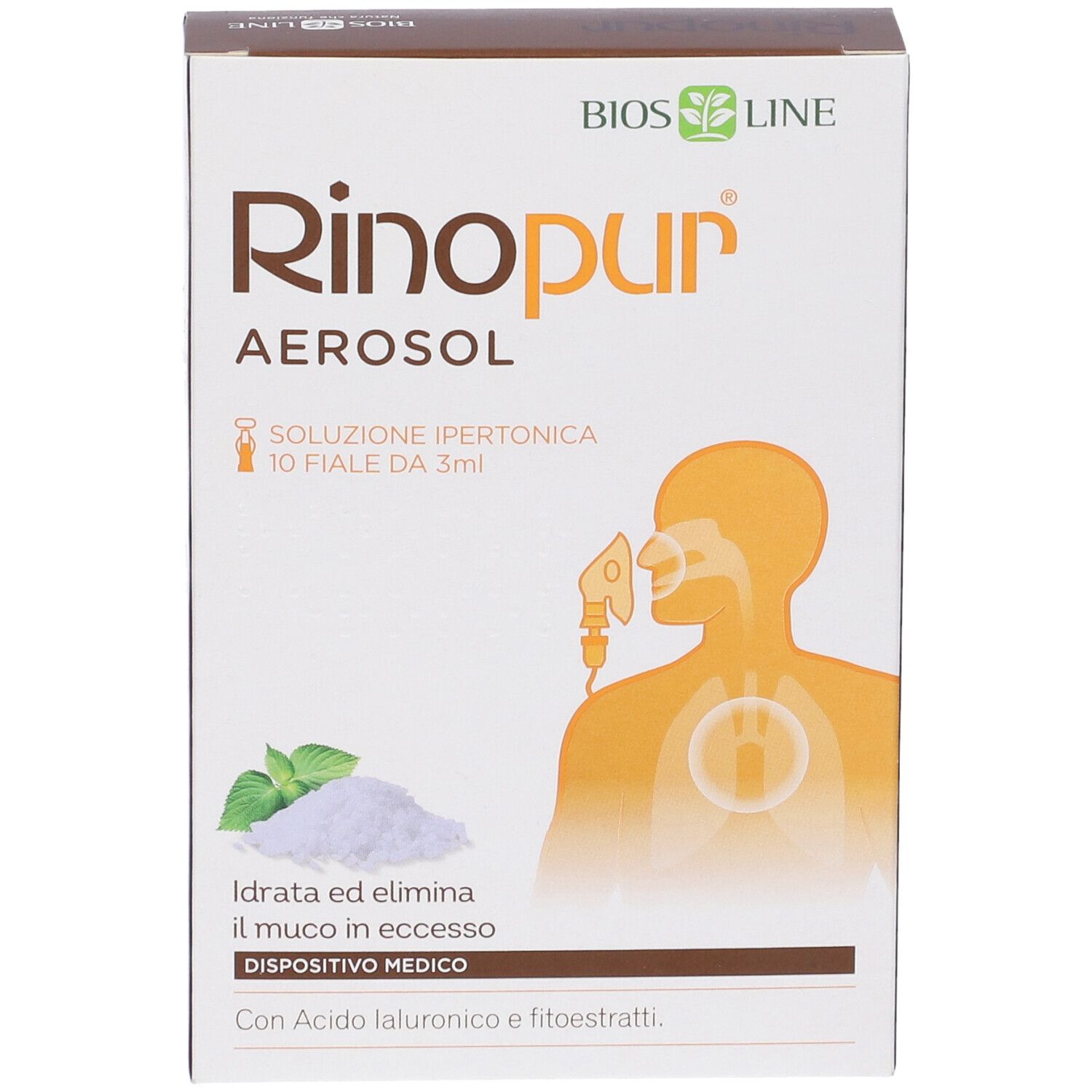 Scatola Rinopur Aerosol, fronte bianco, illustrazione prodotto, testo e logo. Dispositivo medico.