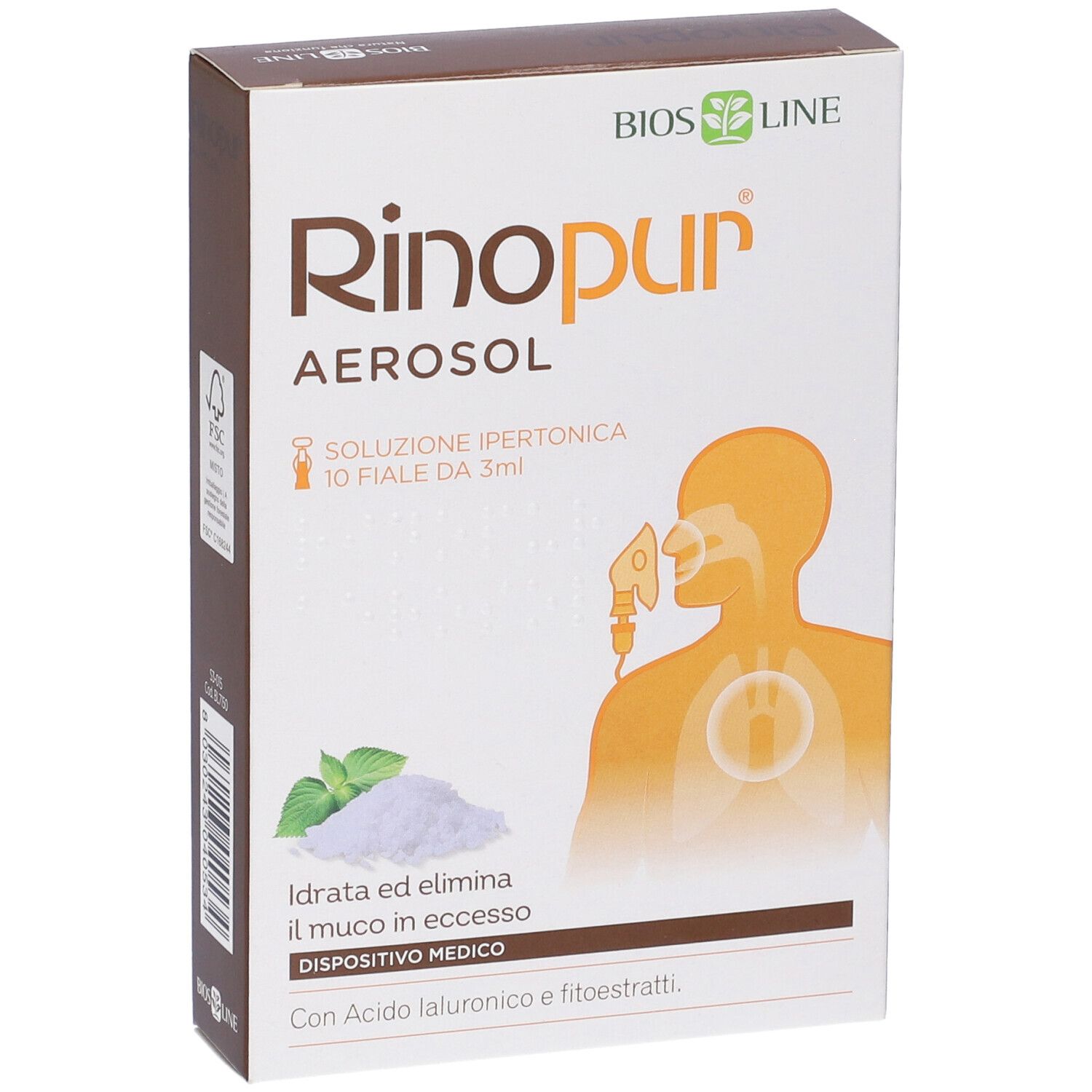 Scatola Rinopur Aerosol, fronte bianco, illustrazione prodotto, testo e logo. Dispositivo medico.