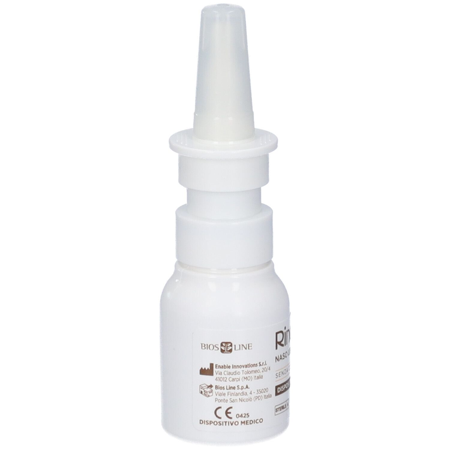 Flacone bianco con erogatore spray. Scritta: Rinopur Naso Libero, senza conservanti, Dispositivo Medico. Logo Bios Line.