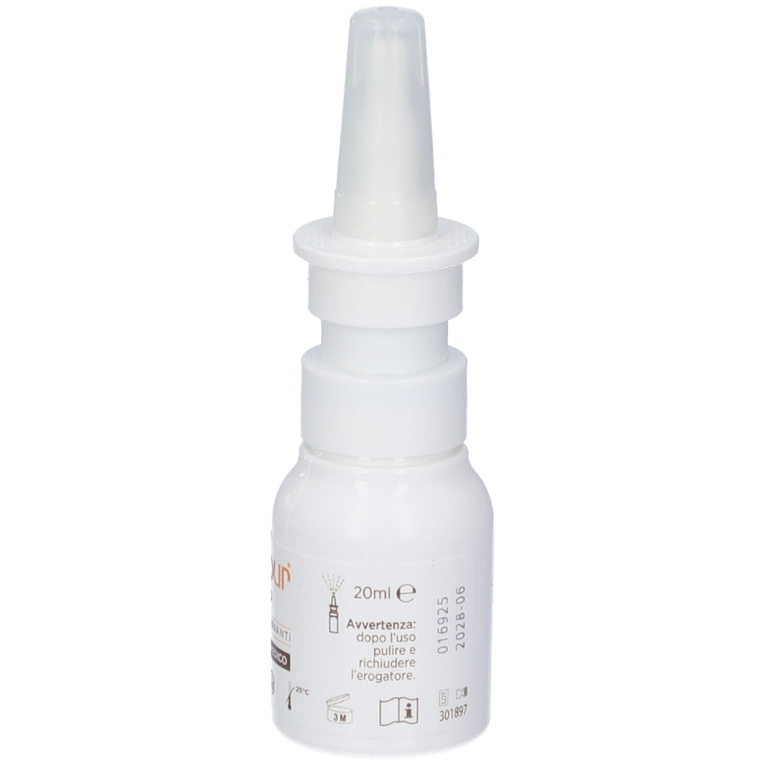 Flacone bianco con erogatore spray. Scritta: Rinopur Naso Libero, 20ml e, senza conservanti, Dispositivo Medico.