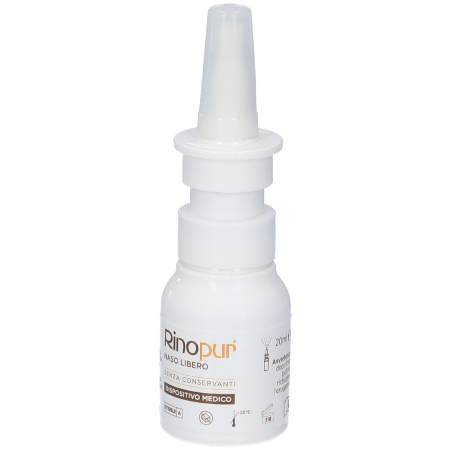 Flacone bianco con erogatore spray. Scritta: Rinopur Naso Libero, senza conservanti, Dispositivo Medico.