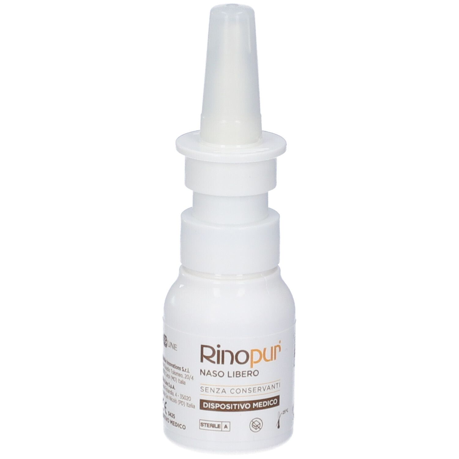 Flacone bianco con erogatore spray. Scritta: Rinopur Naso Libero, senza conservanti, Dispositivo Medico.