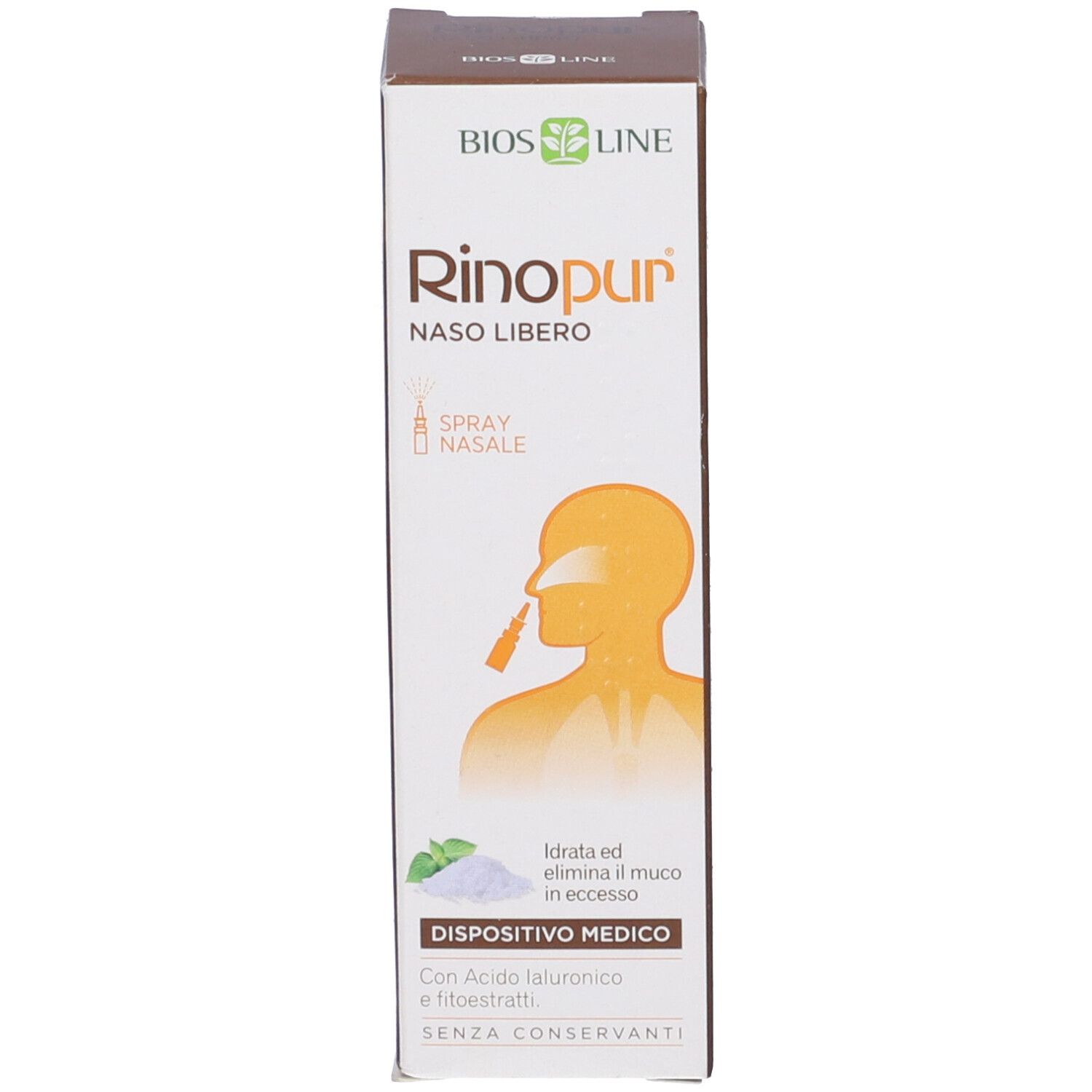 Confezione del prodotto. Scritta: Rinopur Naso Libero, Spray Nasale, Dispositivo Medico. Logo Bios Line.