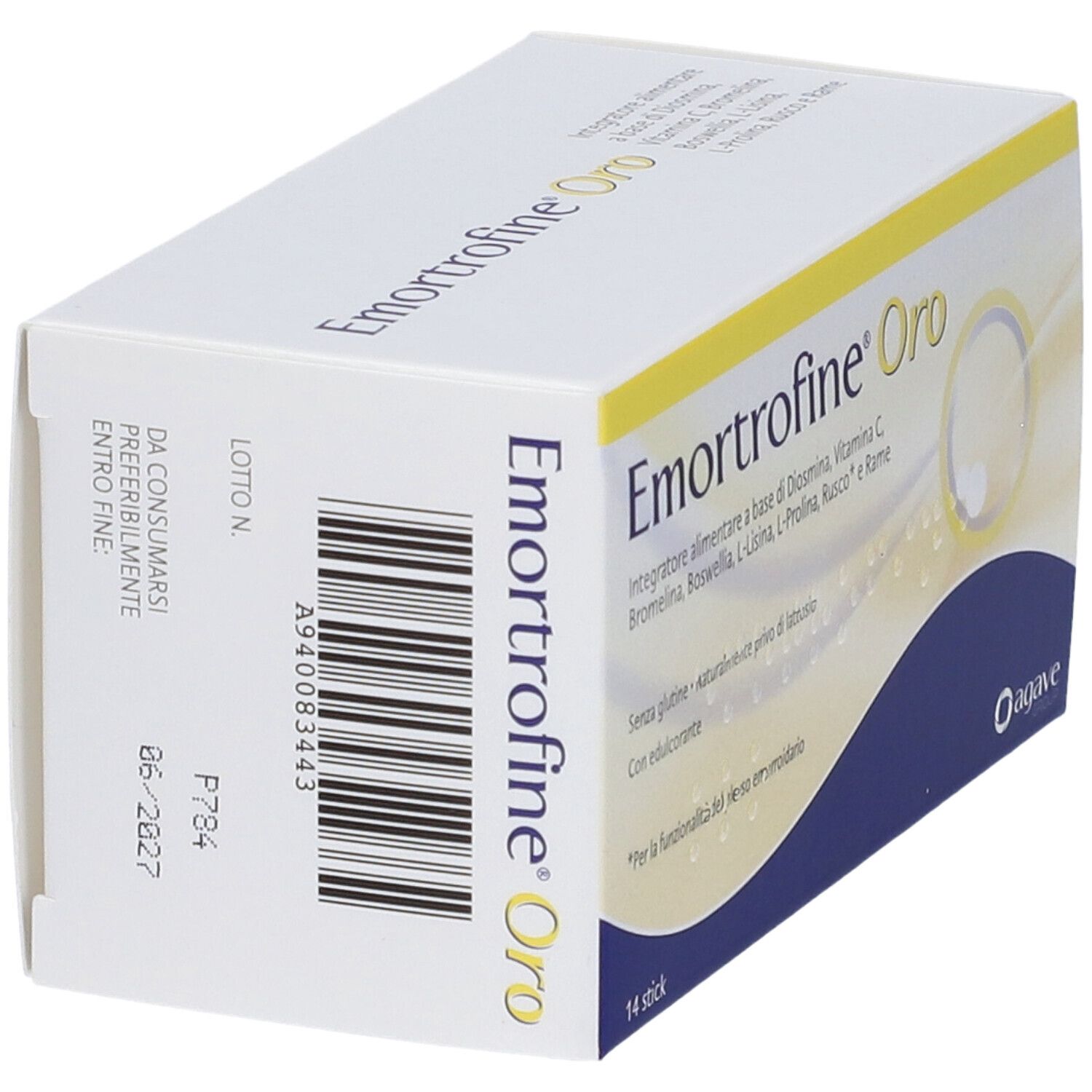 Scatola con Emortrofine Oro. Scritta: 14 stick. Sul lato: numero di lotto, data di scadenza. Logo Agave.