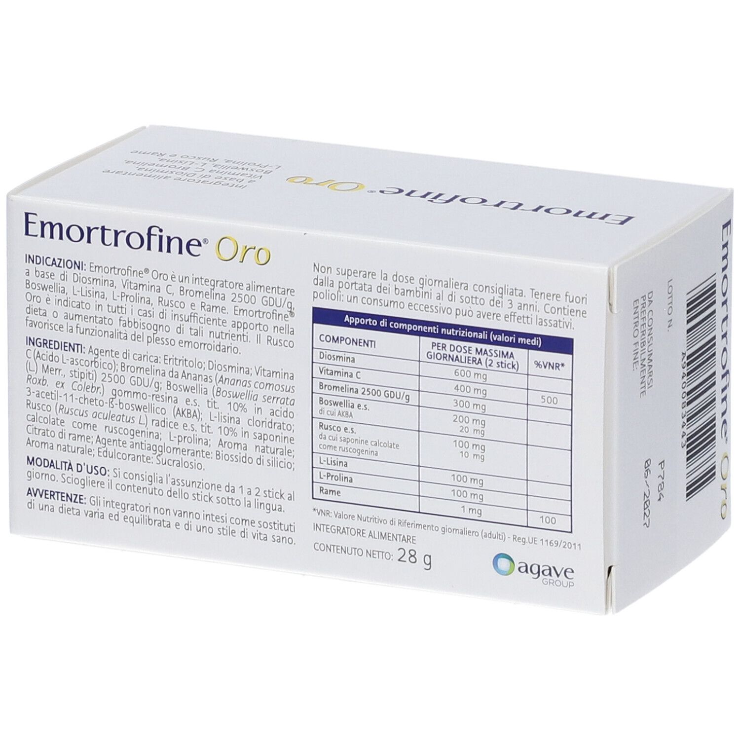 Scatola con Emortrofine Oro. Scritta: ingredienti, informazioni nutrizionali. Logo Agave. Contenuto: 28 g.