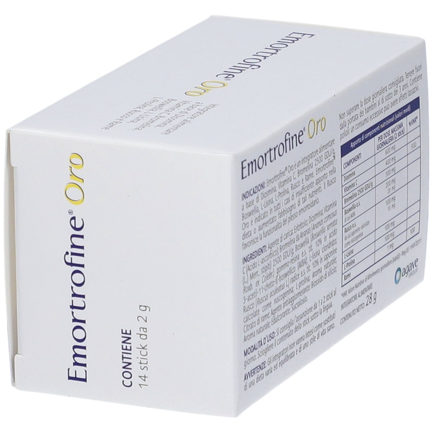 Scatola con Emortrofine Oro. Scritta: 14 stick da 2 g. Logo Agave. Contiene informazioni.