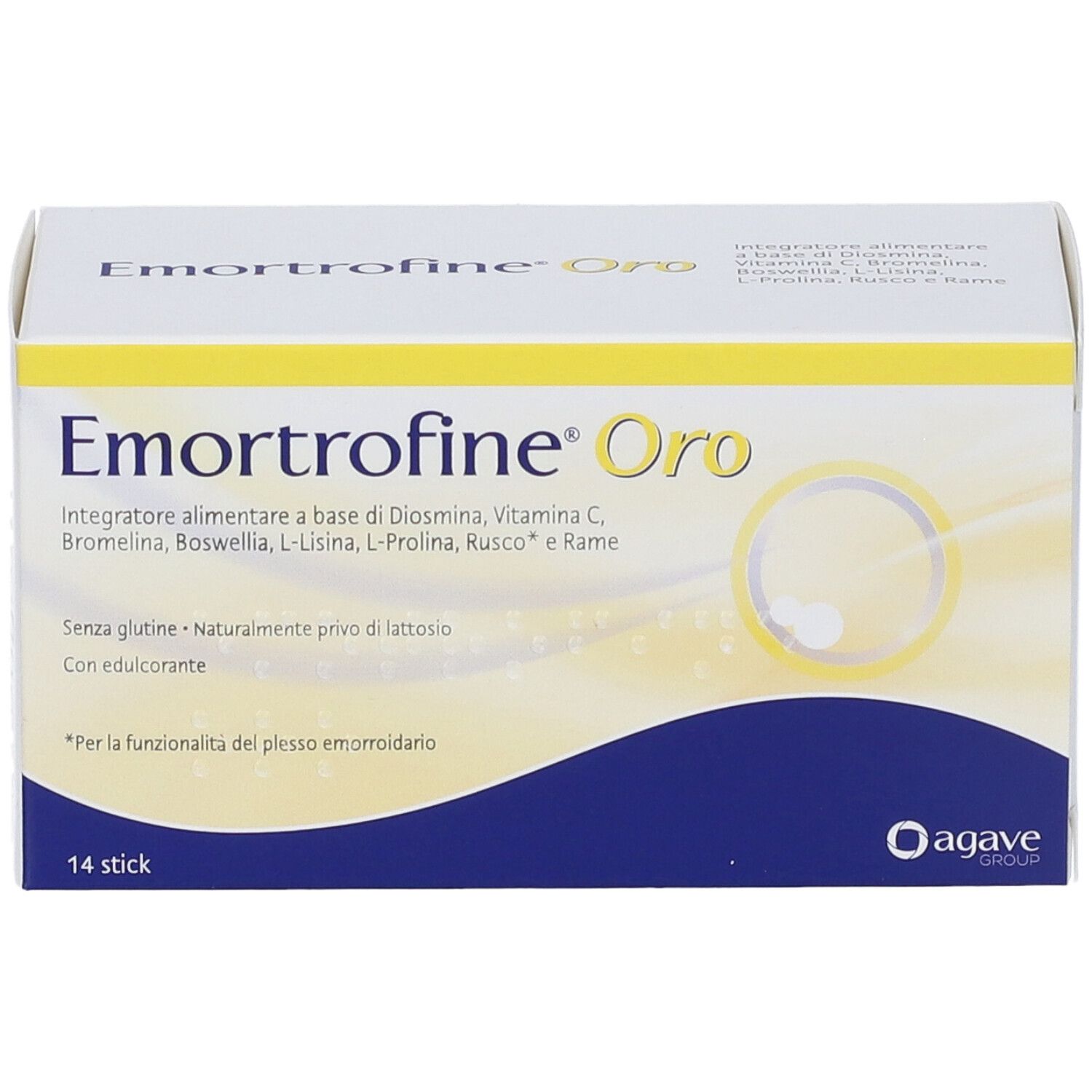 Scatola bianca con design blu e giallo. Scritta: Emortrofine Oro, 14 stick. Logo Agave.