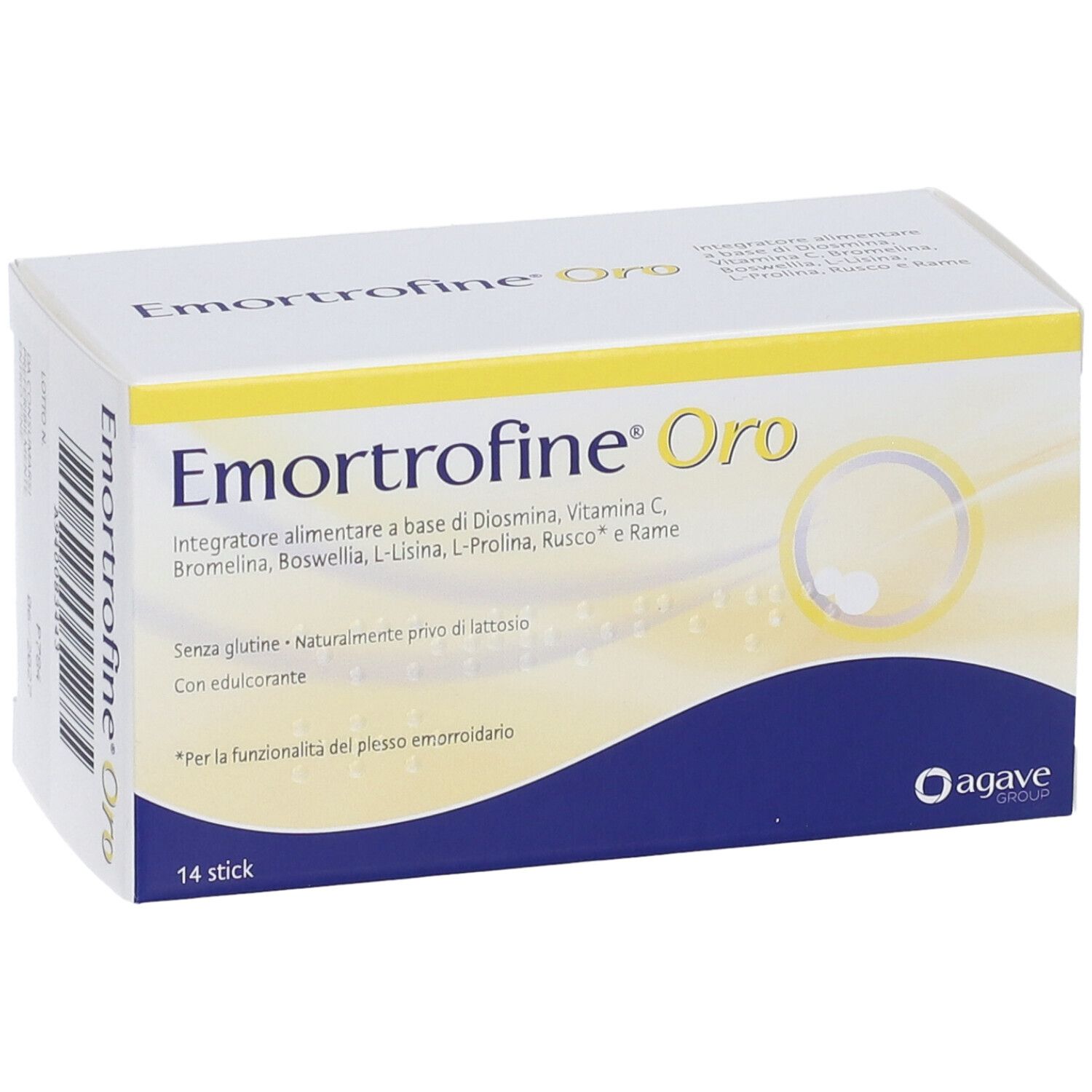 Scatola bianca con design blu e giallo. Scritta: Emortrofine Oro, 14 stick. Logo Agave.