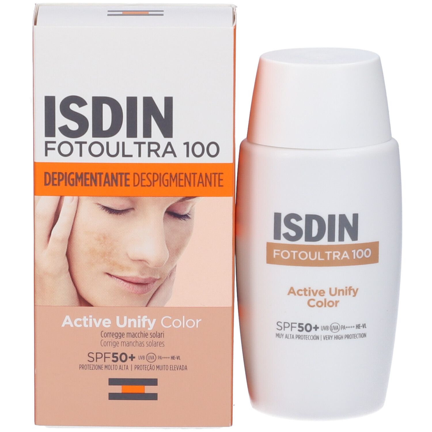 Prodotto e confezione. Flacone bianco accanto alla scatola. Testo: ISDIN, Fotoultra 100, Active Unify Color, SPF50+. Viso con imperfezioni.