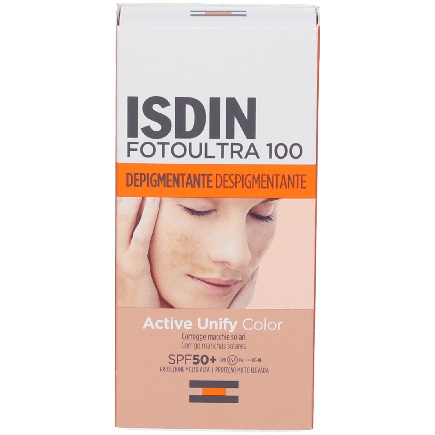 Confezione in cartone. Testo: ISDIN, Fotoultra 100, Active Unify Color, SPF50+. Viso con imperfezioni. Sfondo arancione.