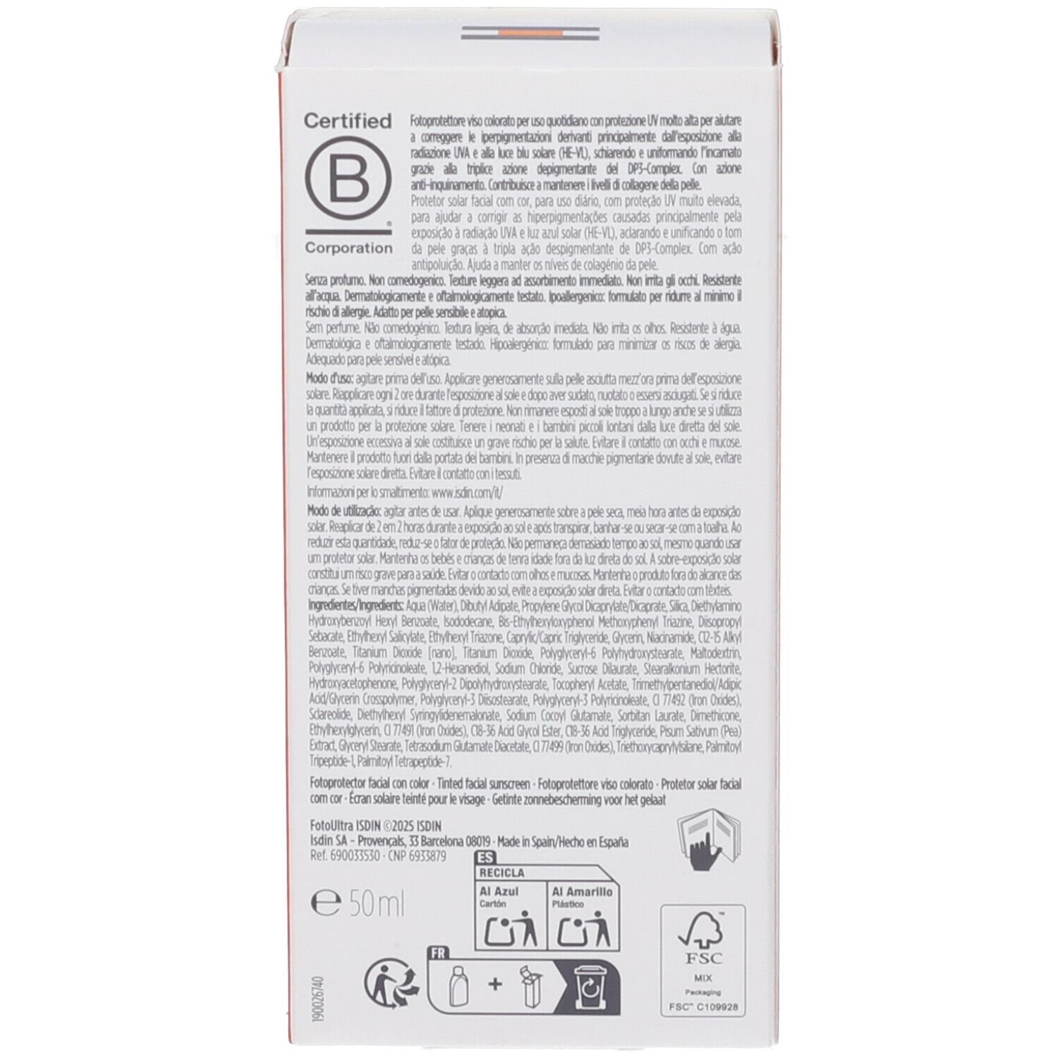 Lato della scatola. Testo: Certified B Corporation. Informazioni sugli ingredienti e l'uso. Certificazione FSC.