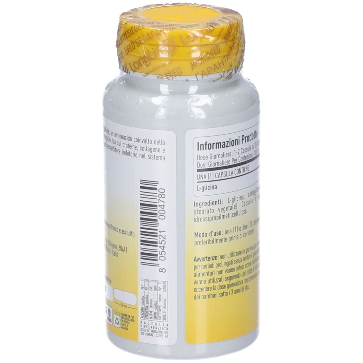 Retro del flacone, flacone bianco, tappo giallo. Testo: LONGLIFE L-Glycine, ingredienti, codice a barre.