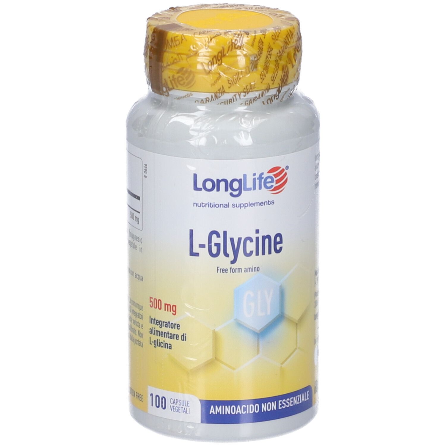 Flacone bianco, tappo giallo, LONGLIFE L-Glycine, 100 capsule. Scritta: 500 mg, Aminoacido.