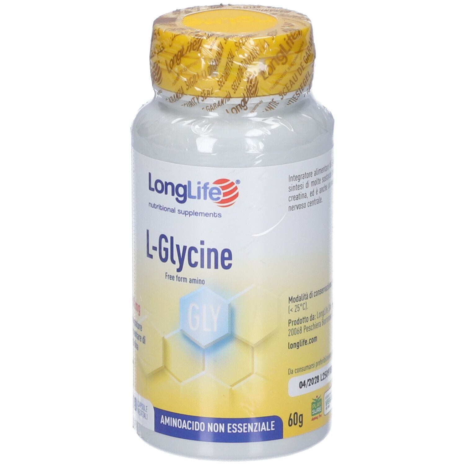 Flacone bianco, tappo giallo, LONGLIFE L-Glycine, 60g. Scritta: 500 mg, Aminoacido, scadenza.
