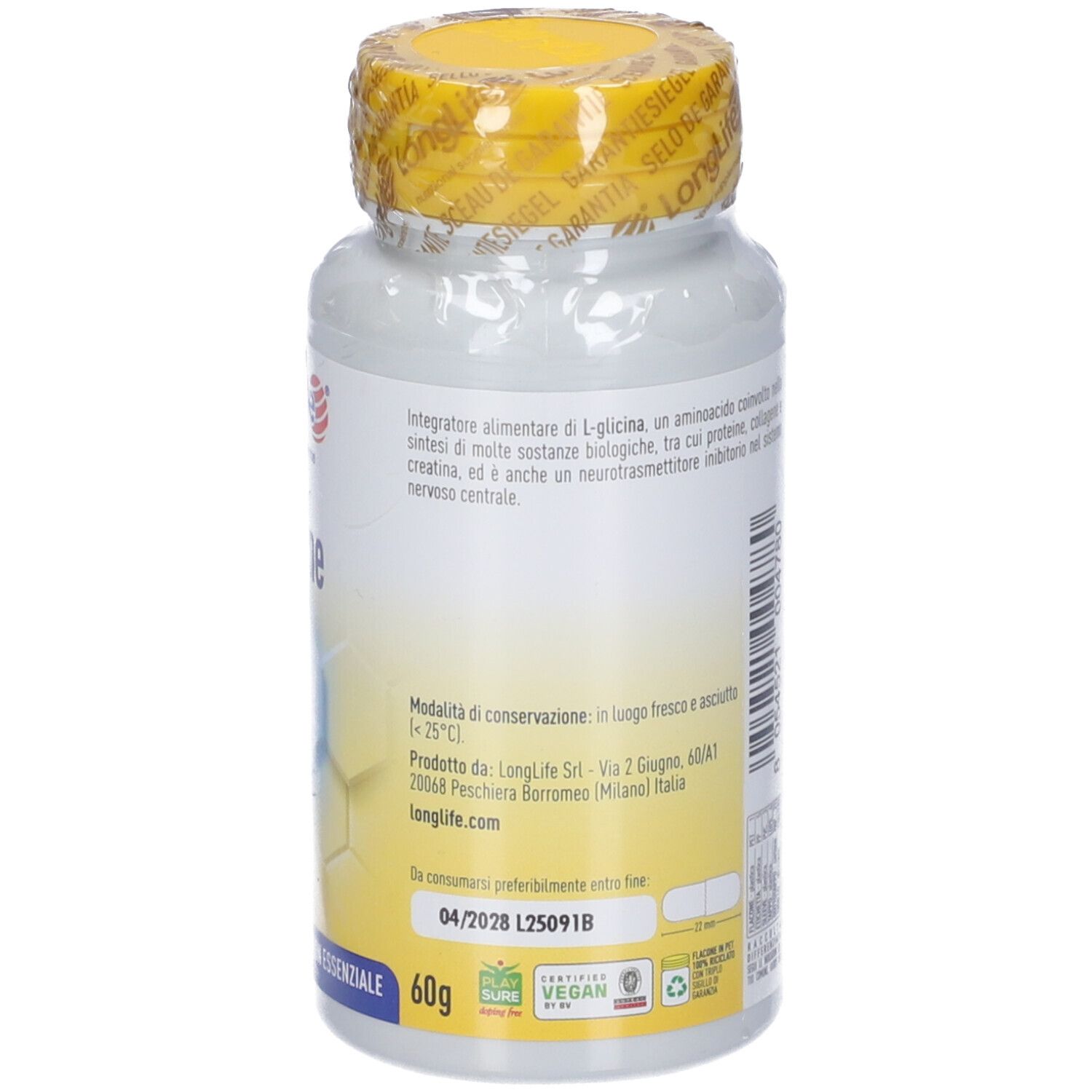Retro del flacone, flacone bianco, tappo giallo. Testo: LONGLIFE L-Glycine, 60g, scadenza, certificazioni.