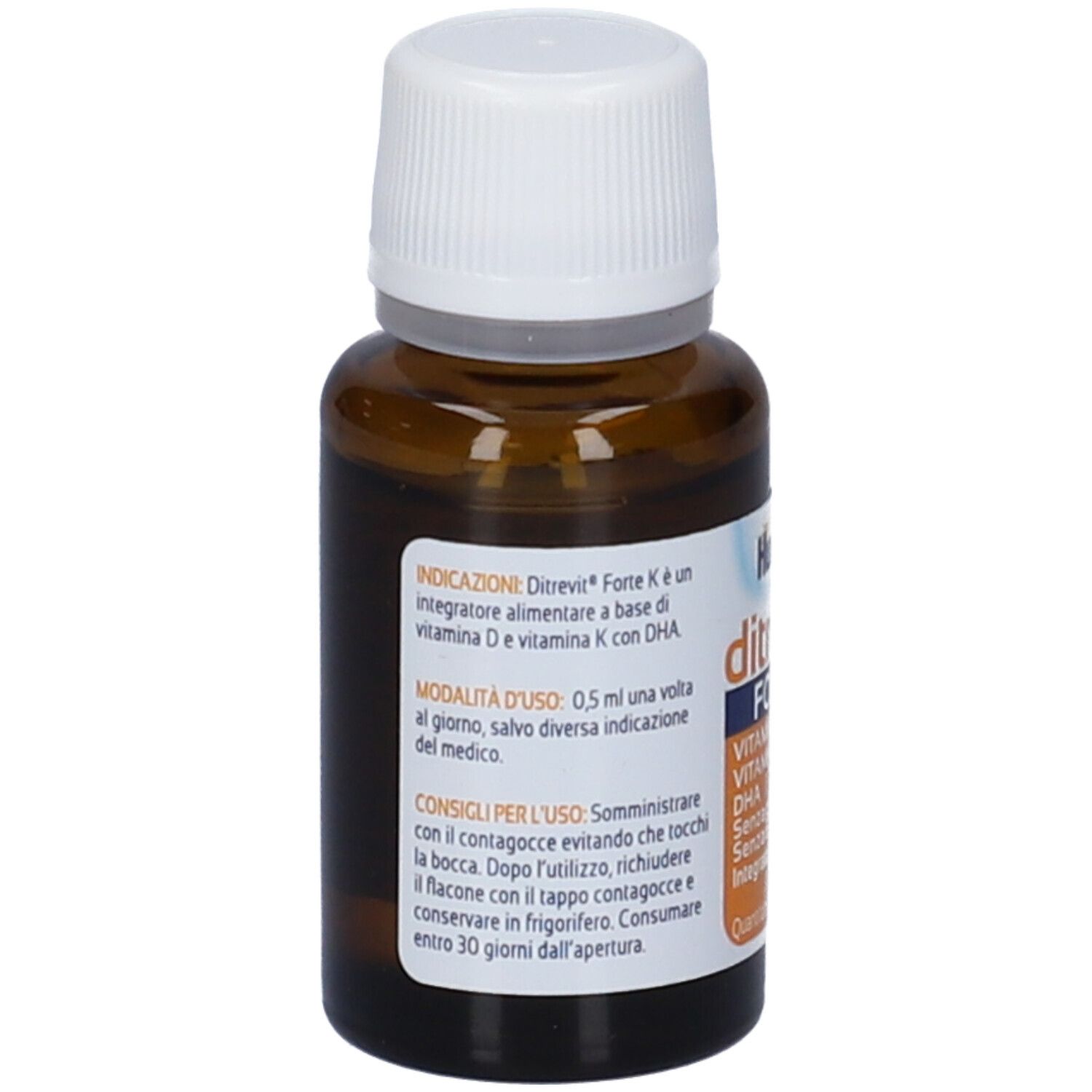 Flacone di vetro marrone con tappo bianco. Etichetta con informazioni sul prodotto e istruzioni per l'uso.