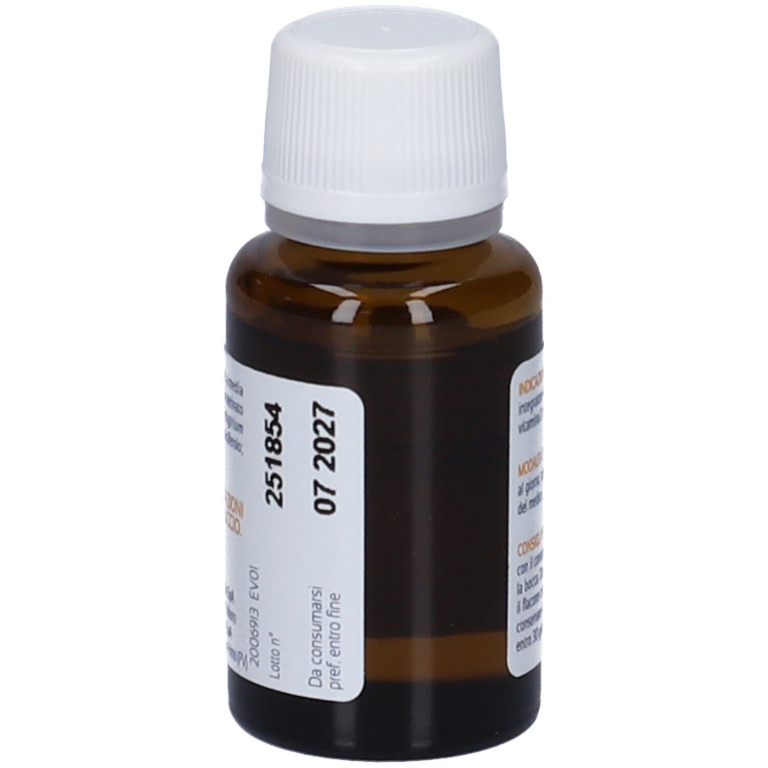 Flacone di vetro marrone con tappo bianco. Etichetta con numero di lotto e data di scadenza.