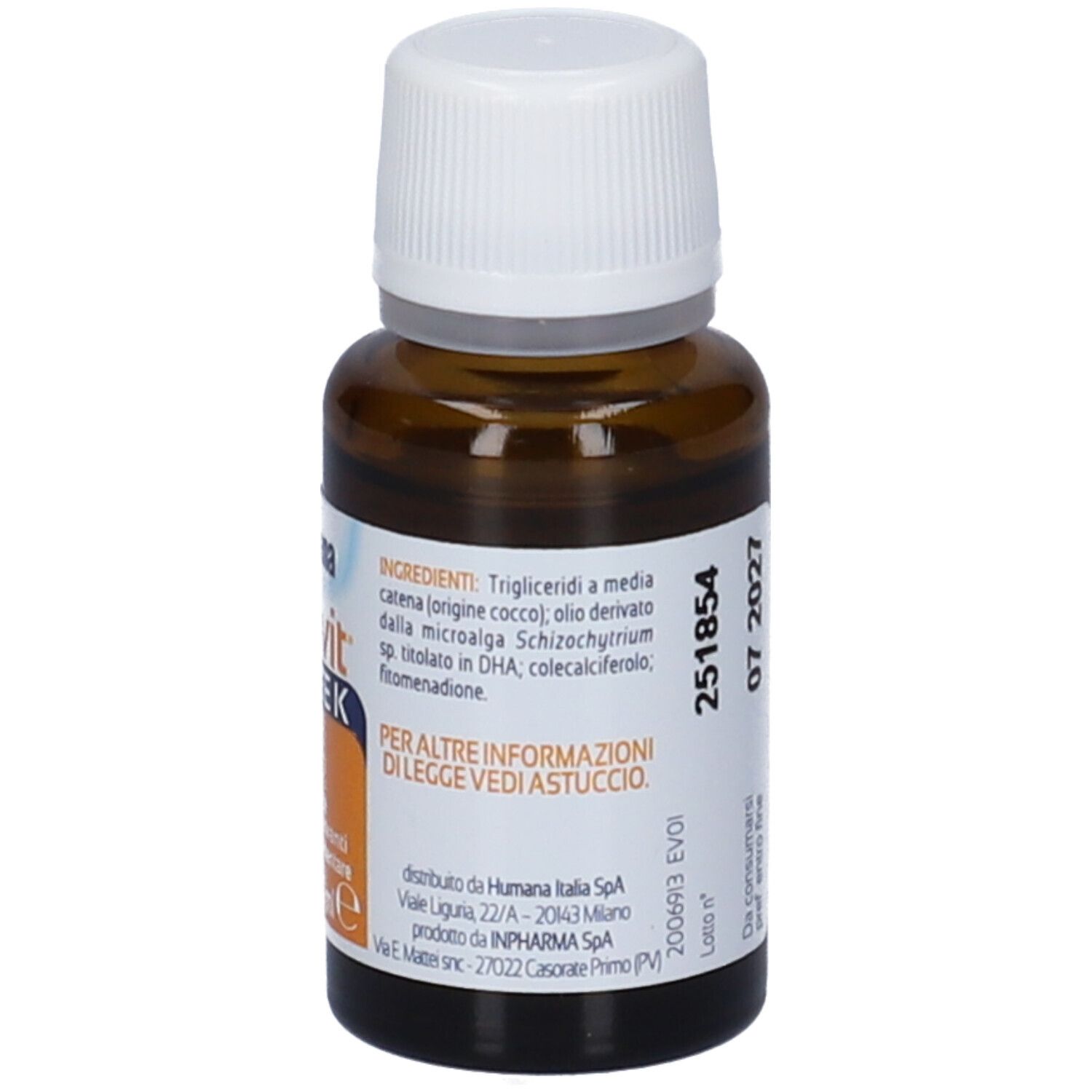 Flacone di vetro marrone con tappo bianco. Etichetta con ingredienti e informazioni del produttore.