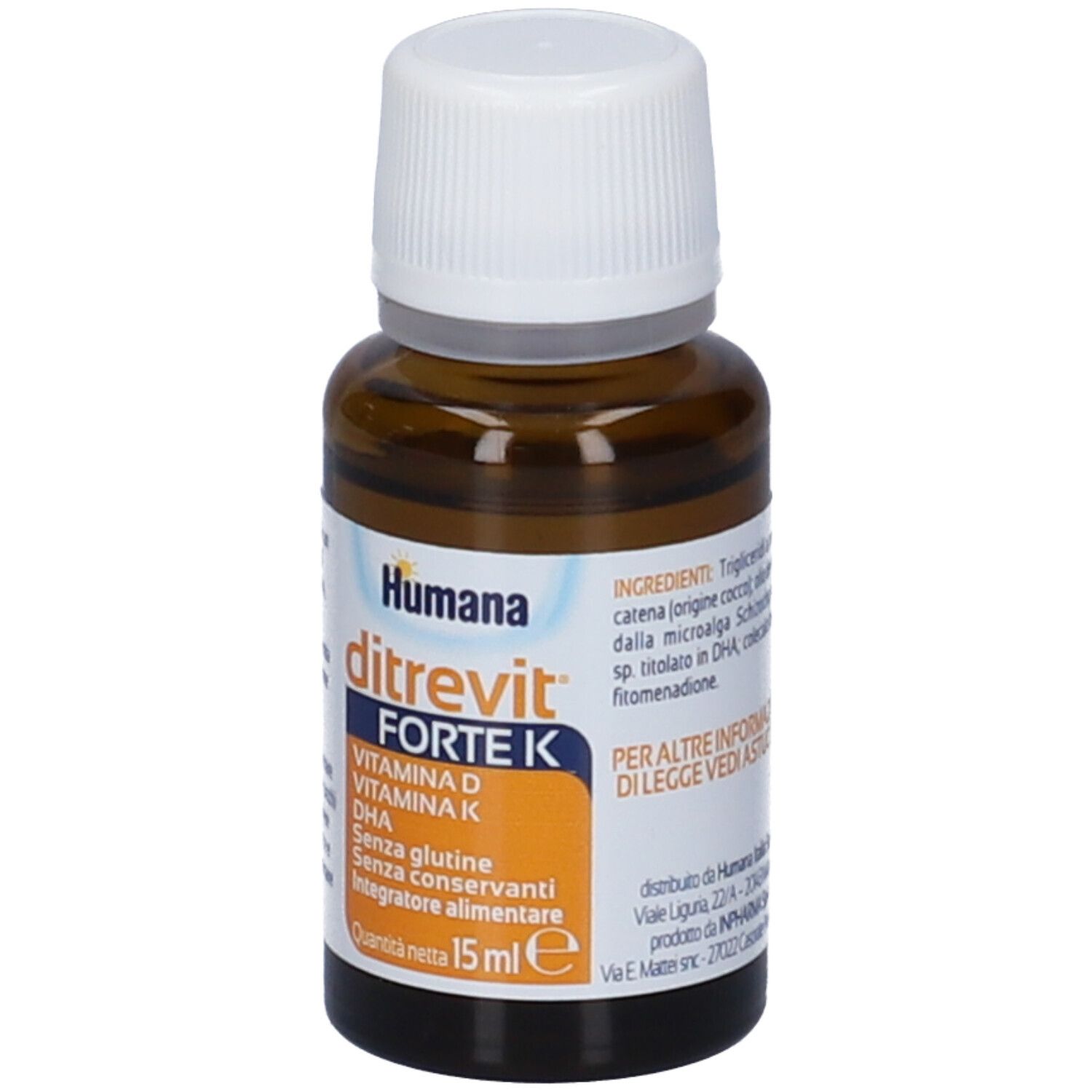 Flacone di vetro marrone con tappo bianco. Etichetta con nome del prodotto, ingredienti e quantità.