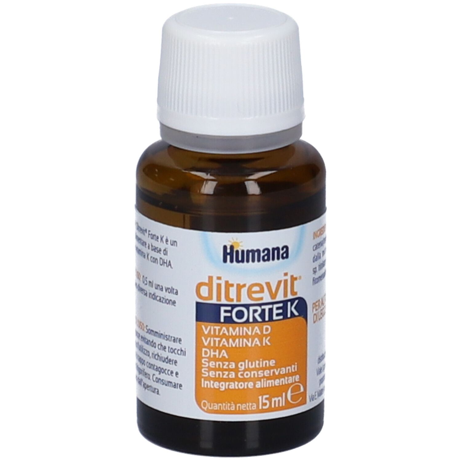 Flacone di vetro marrone con tappo bianco. Etichetta con nome del prodotto, ingredienti e quantità.