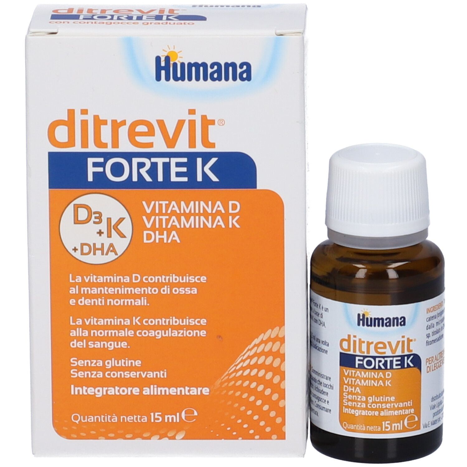 Flacone e scatola del prodotto. Scatola con nome del prodotto, ingredienti e informazioni.