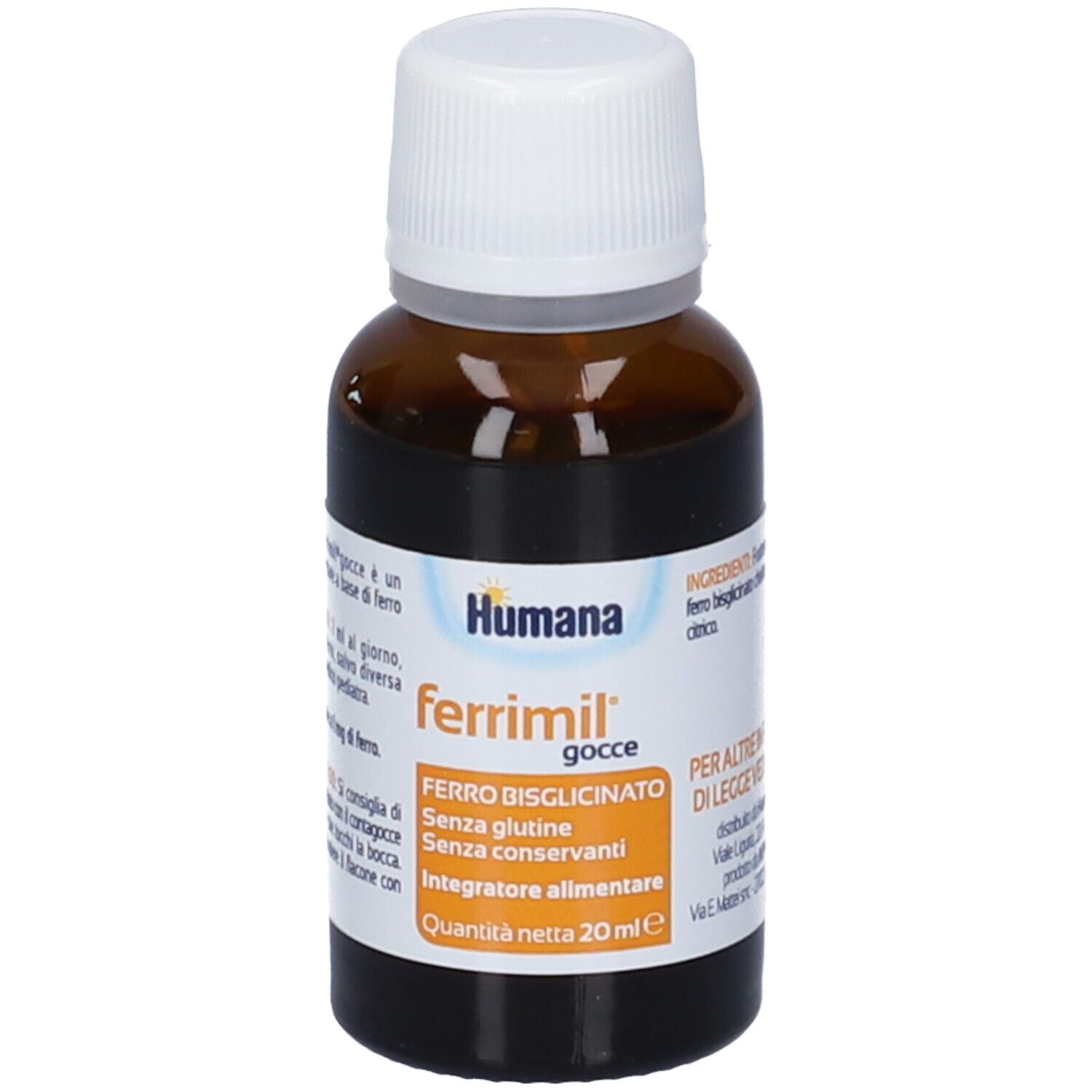 Flacone di vetro marrone con tappo bianco. Scritte: Humana, ferrimil gocce, Ferro bisglicinato, senza glutine, senza conservanti.