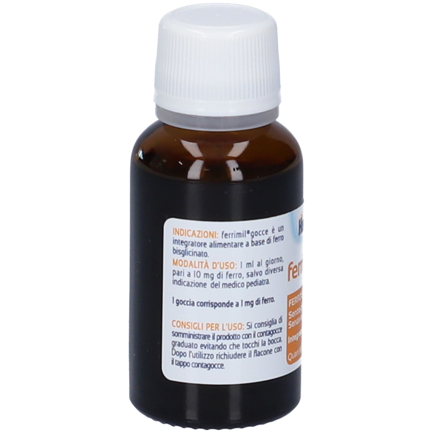 Flacone di vetro marrone con tappo bianco. Scritte: Humana, ferrimil gocce. Testo su dosaggio e uso. Retro.