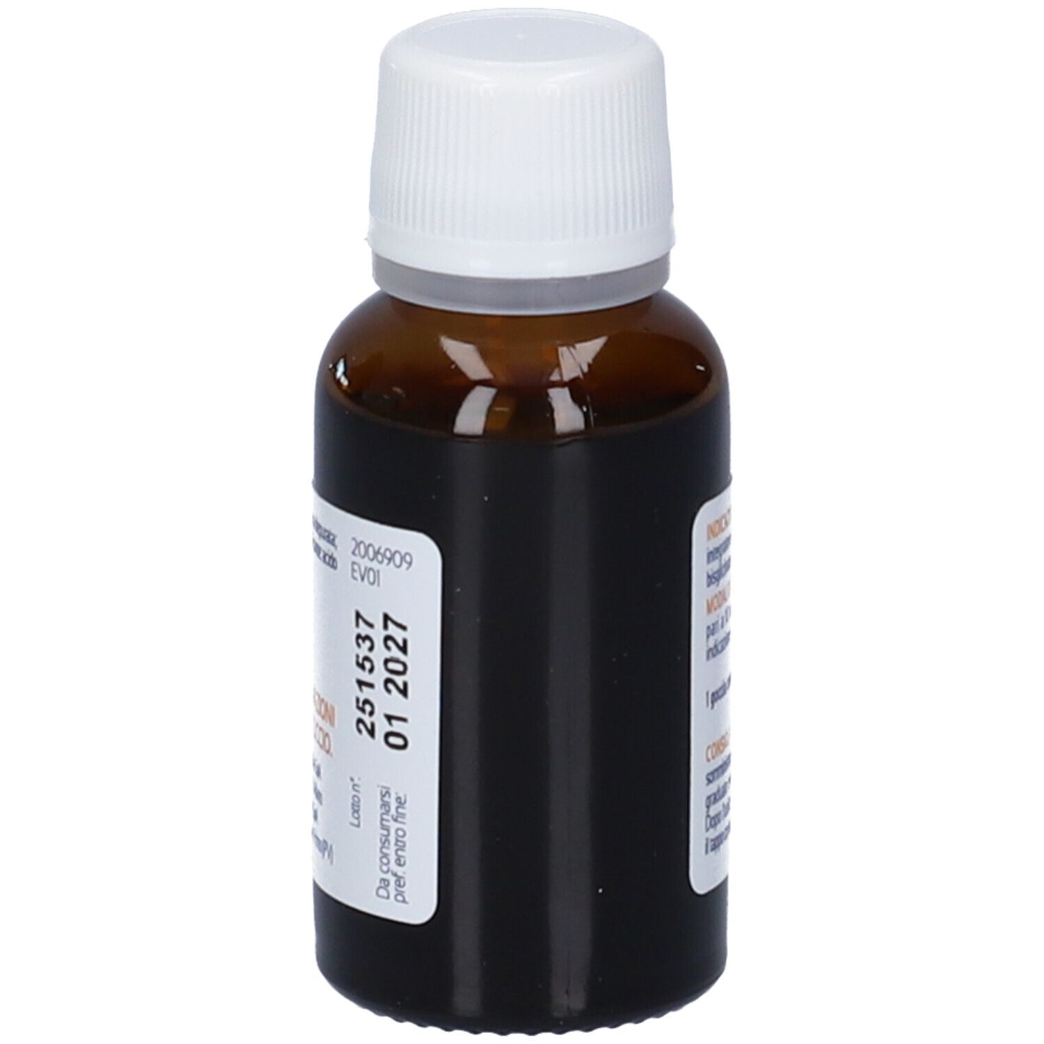 Flacone di vetro marrone con tappo bianco. Scritta: Data di scadenza. Etichetta con numero di lotto e data di scadenza.