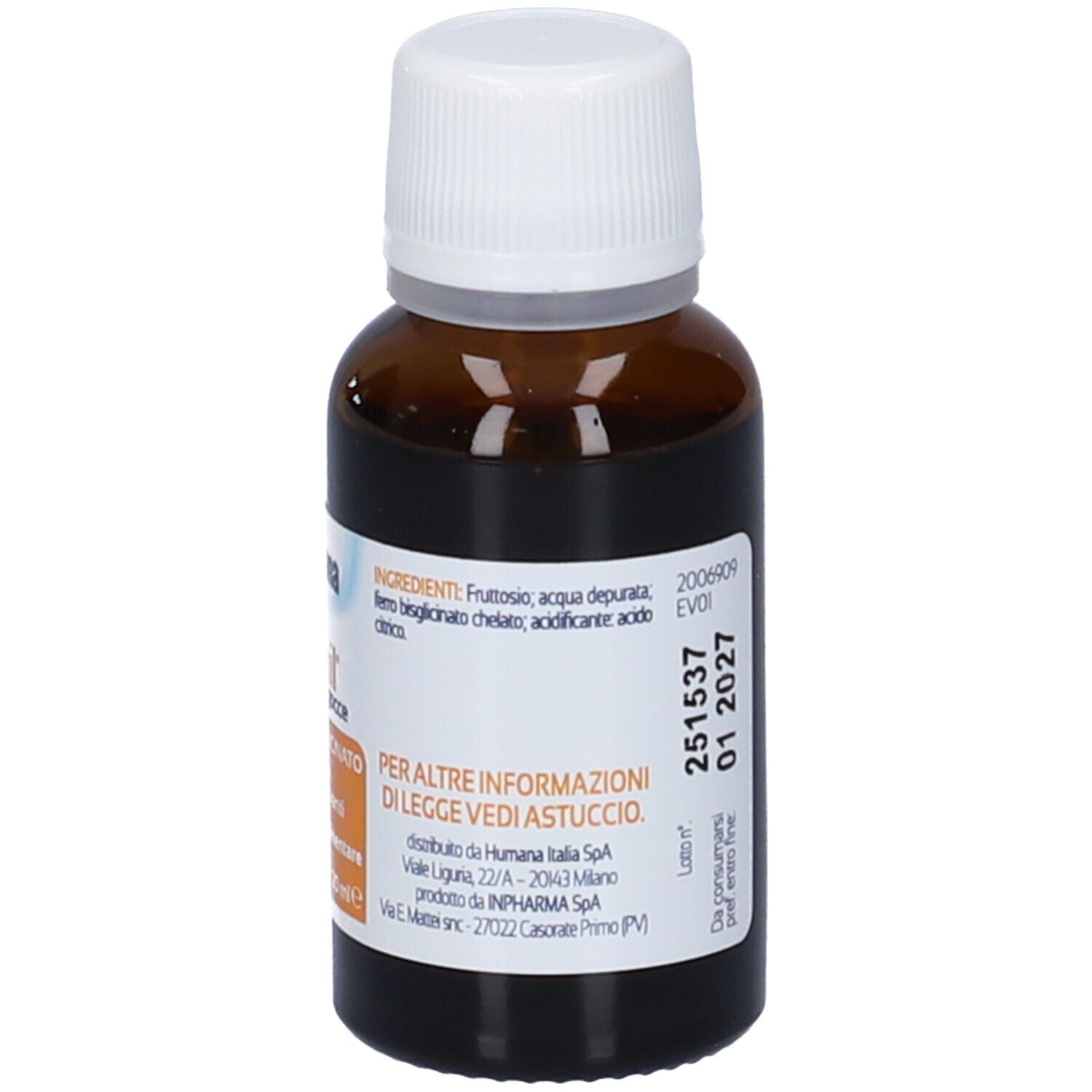 Flacone di vetro marrone con tappo bianco. Scritta: Ingredienti. Etichetta con ingredienti e informazioni del produttore.