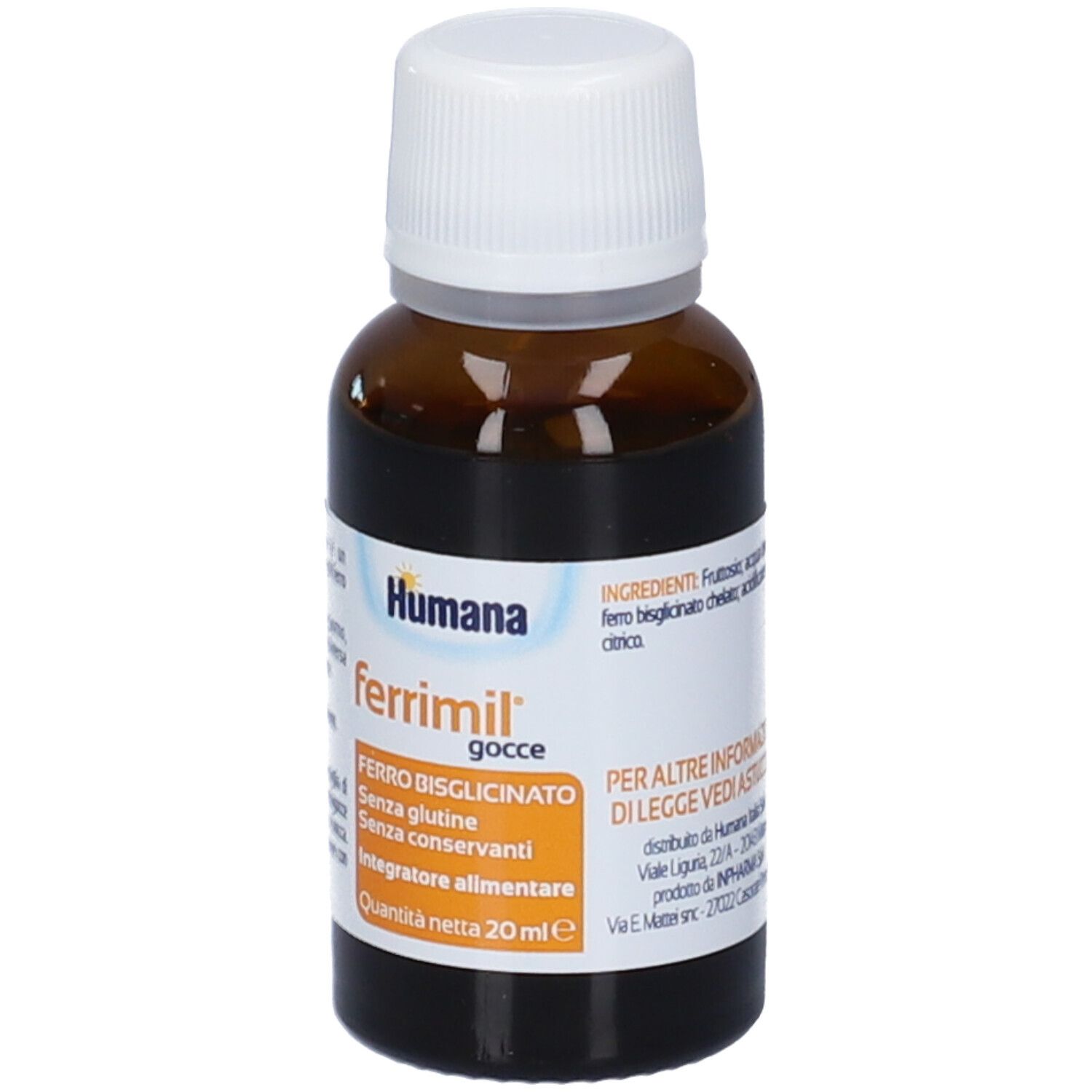 Flacone di vetro marrone con tappo bianco. Scritte: Humana, ferrimil gocce, Ferro bisglicinato, senza glutine, senza conservanti.