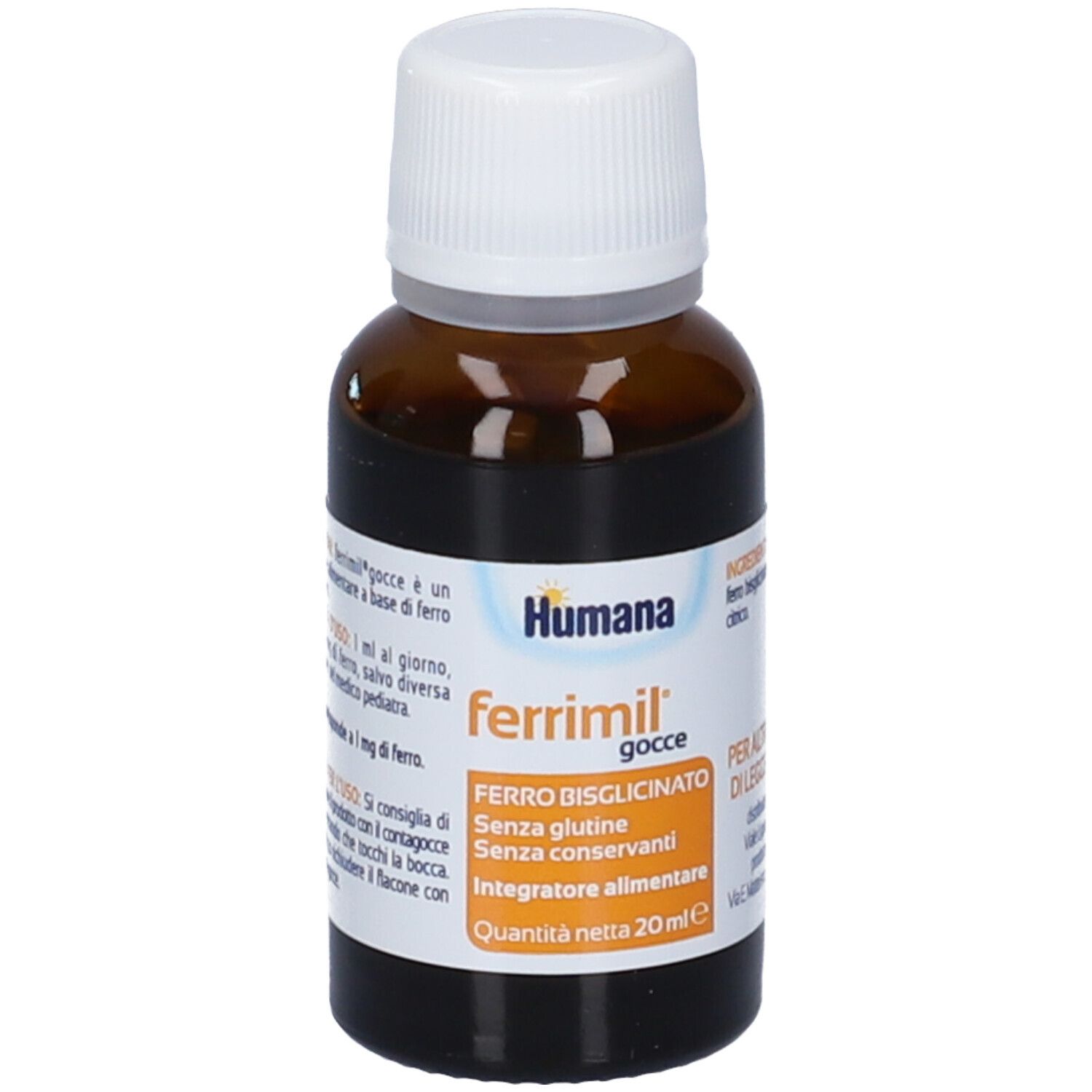 Flacone di vetro marrone con tappo bianco. Scritte: Humana, ferrimil gocce, Ferro bisglicinato, senza glutine, senza conservanti.