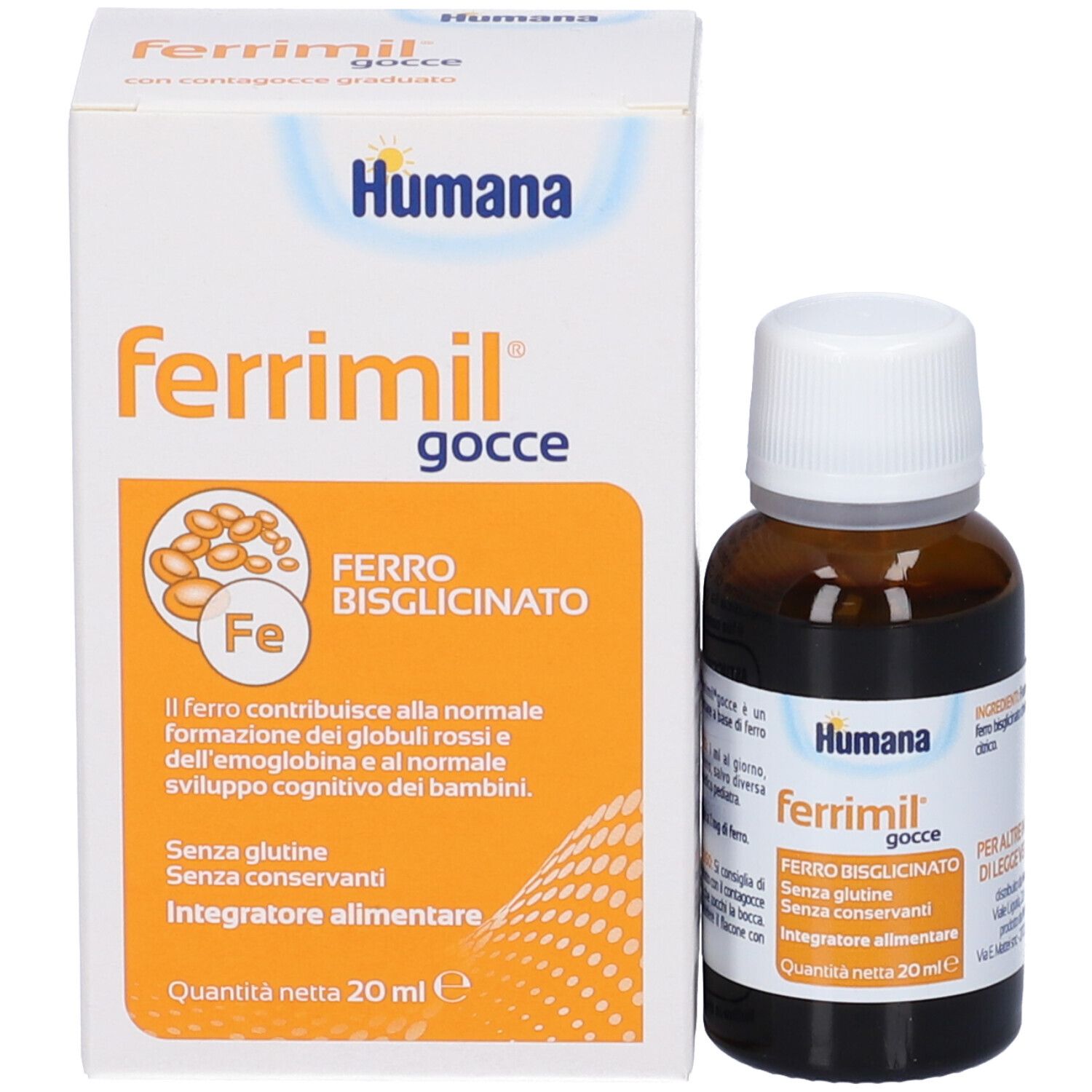 Confezione e flacone del prodotto. Scatola con scritte: Humana, ferrimil gocce, Ferro bisglicinato. Flacone accanto.