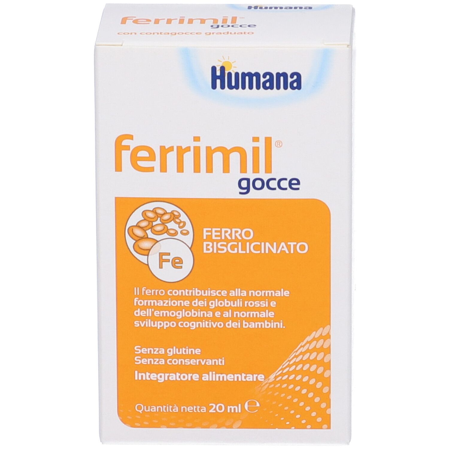 Confezione del prodotto. Scatola con scritte: Humana, ferrimil gocce, Ferro bisglicinato. Illustrazione del simbolo del ferro.