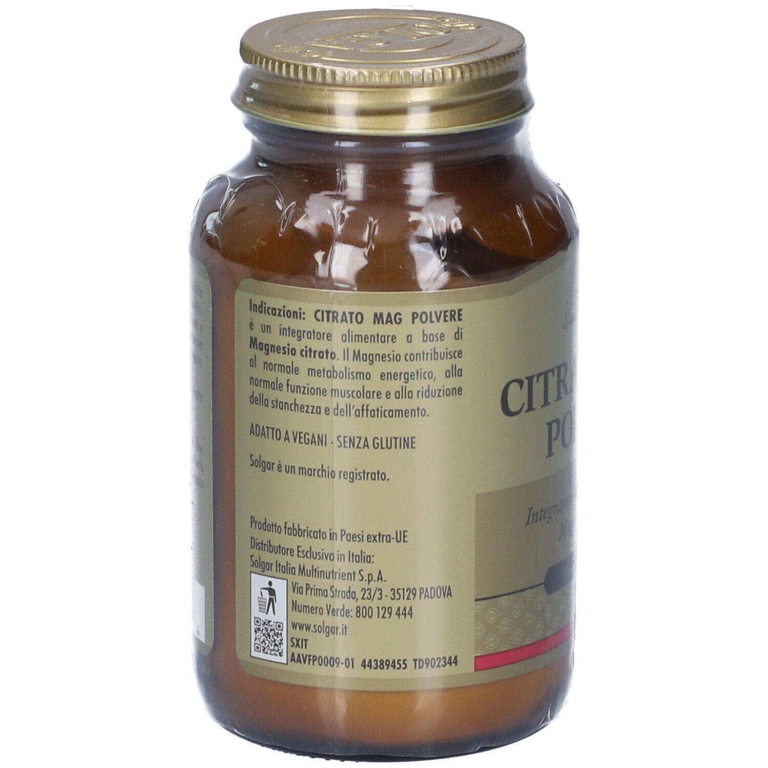 Retro flacone Solgar Citrato Mag Polvere: informazioni su indicazioni, ingredienti, vegan e senza glutine, dettagli produttore.