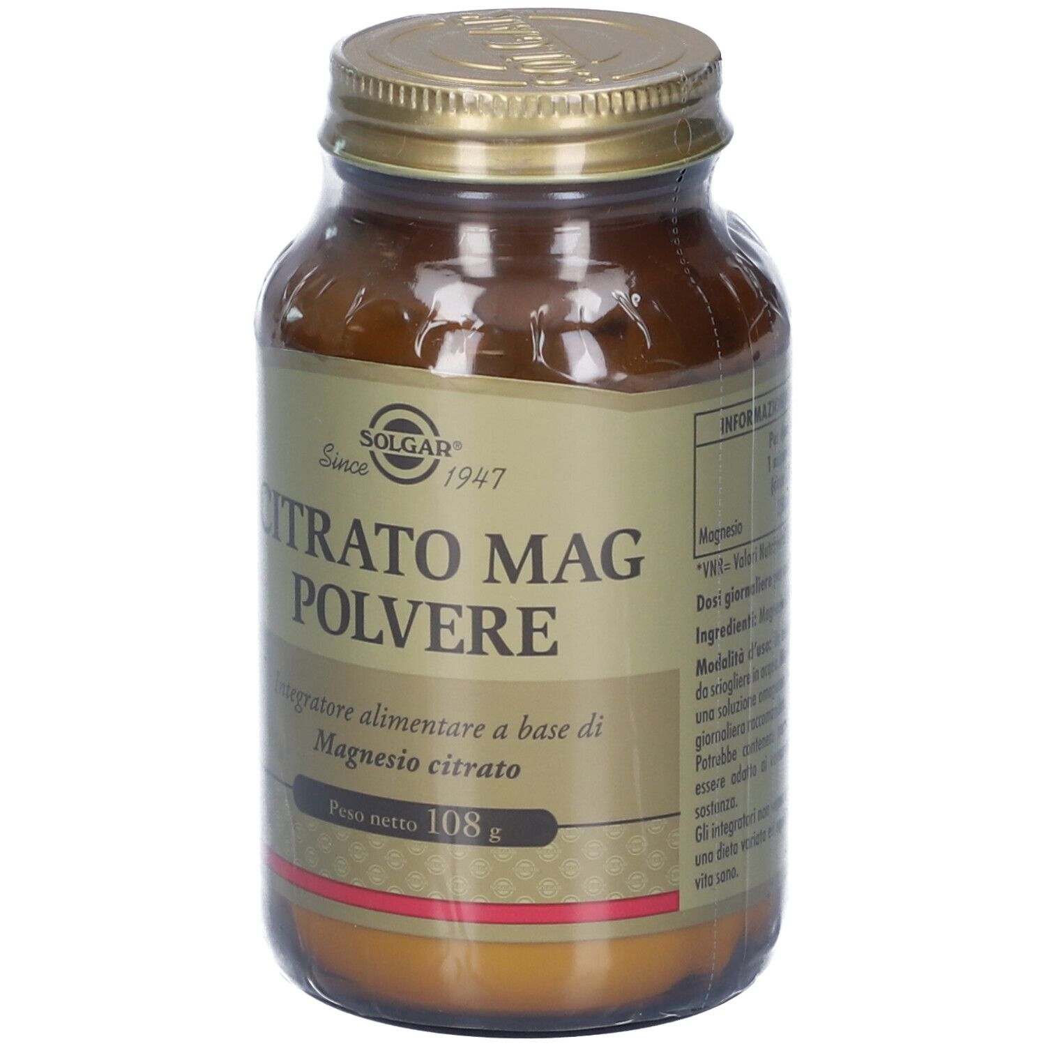 Solgar Citrato Mag Polvere: flacone in vetro ambrato con tappo dorato, etichetta con informazioni prodotto e peso netto 108g.