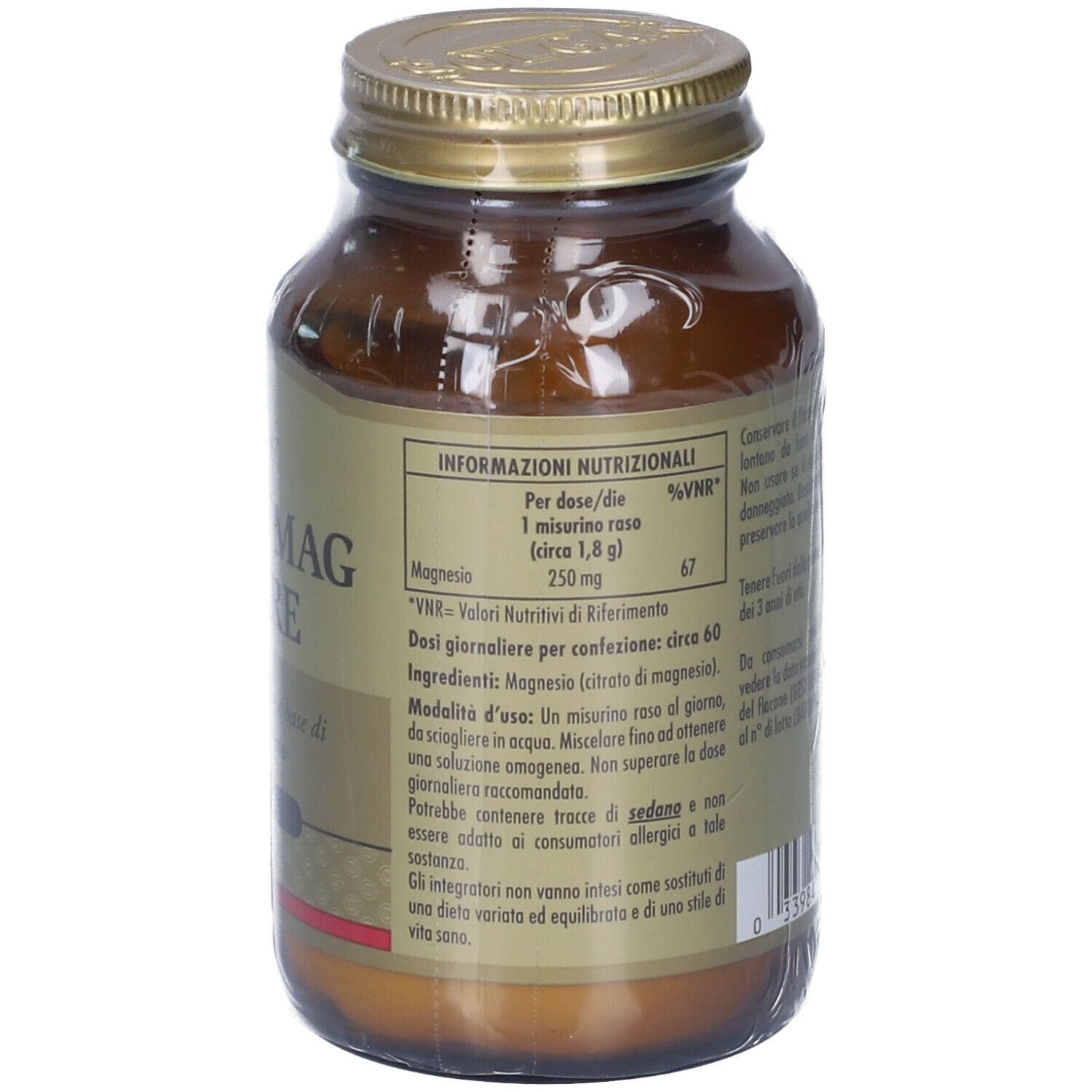 Retro flacone Solgar Citrato Mag Polvere: informazioni nutrizionali, ingredienti e modalità d'uso.