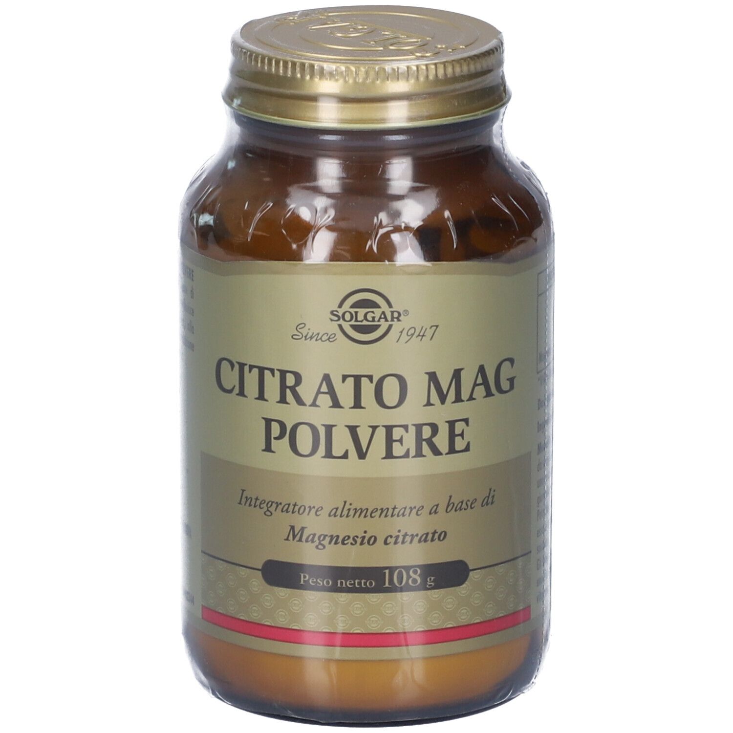 Solgar Citrato Mag Polvere: flacone in vetro ambrato con tappo dorato, etichetta con informazioni prodotto e peso netto 108g.